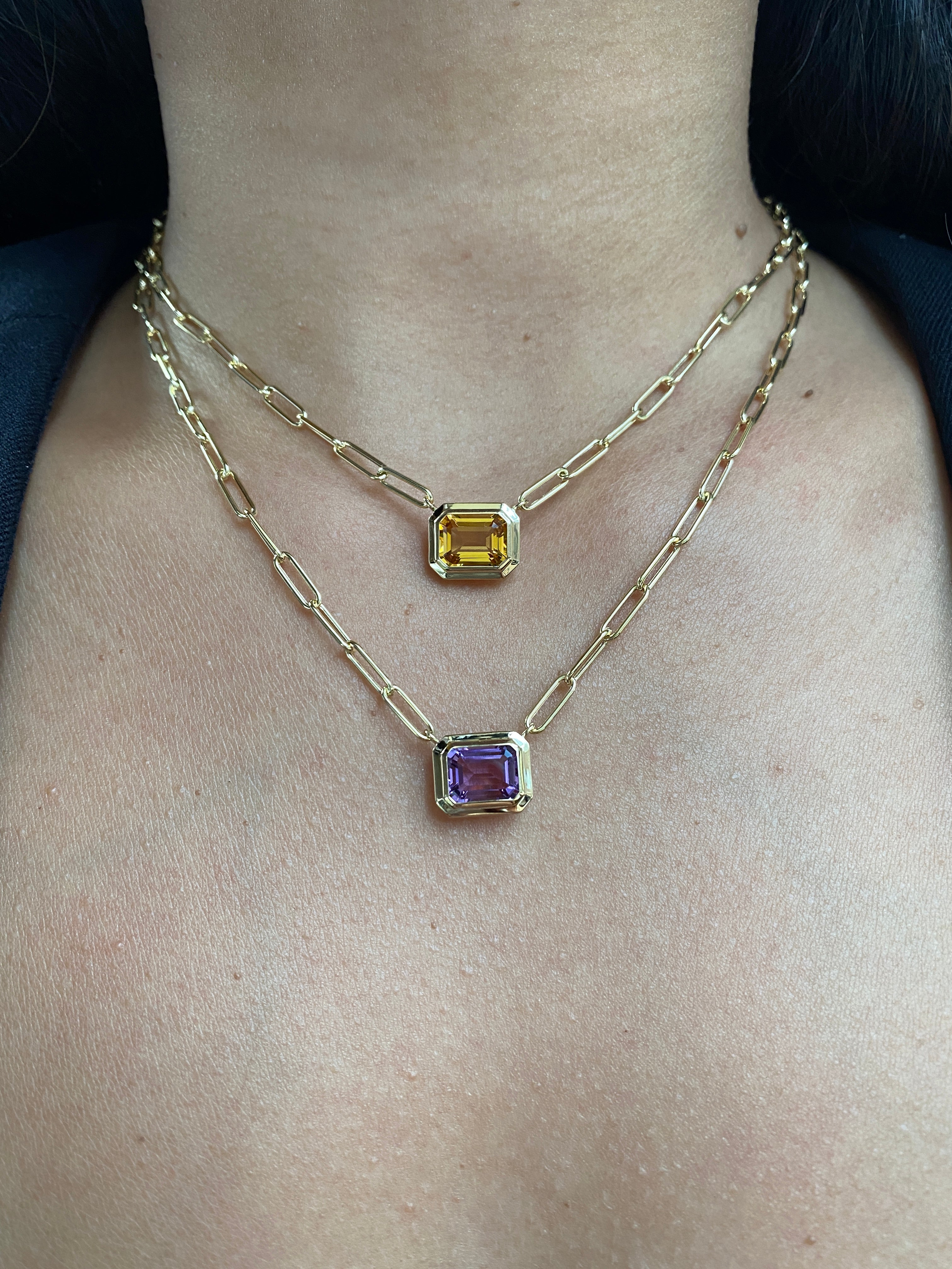Goshwara Prasiolite Emerald Cut Bezel Set Necklace in Yellow Gold