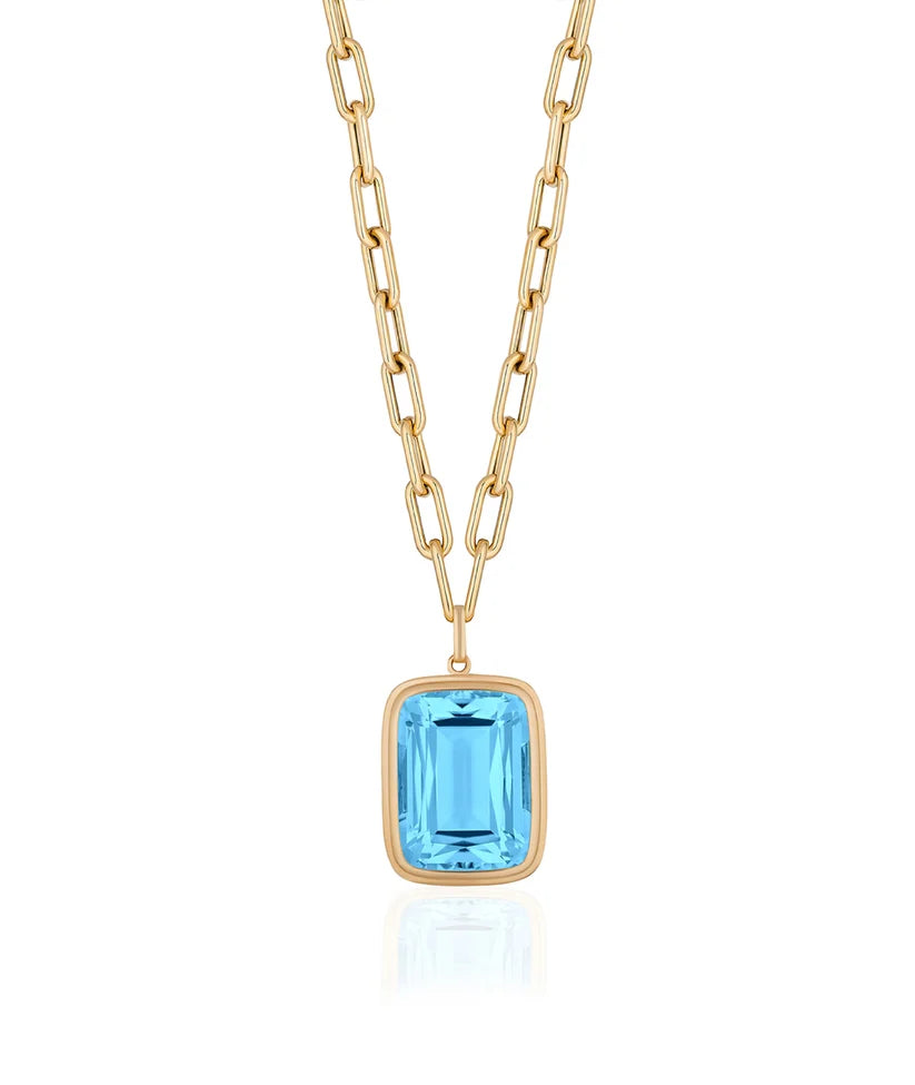 Goshwara Manhattan Blue Topaz Cushion Cut Pendant Necklace in 18K Yellow Gold