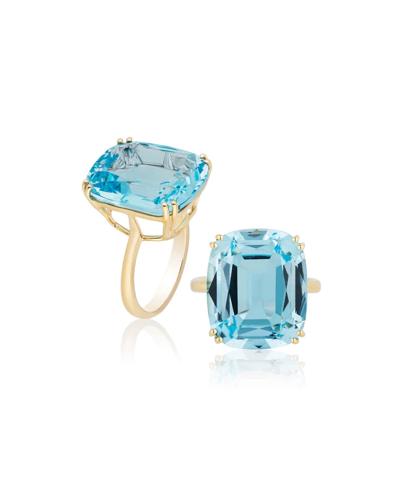 Goshwara Gossip Blue Topaz Cushion Cut Cocktail Ring in 18K Yellow Gold, Size 7