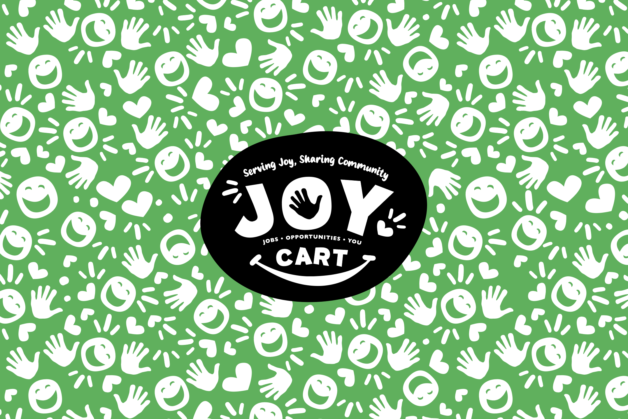 JOY Cart logo on a green background with white handprints and smiley faces