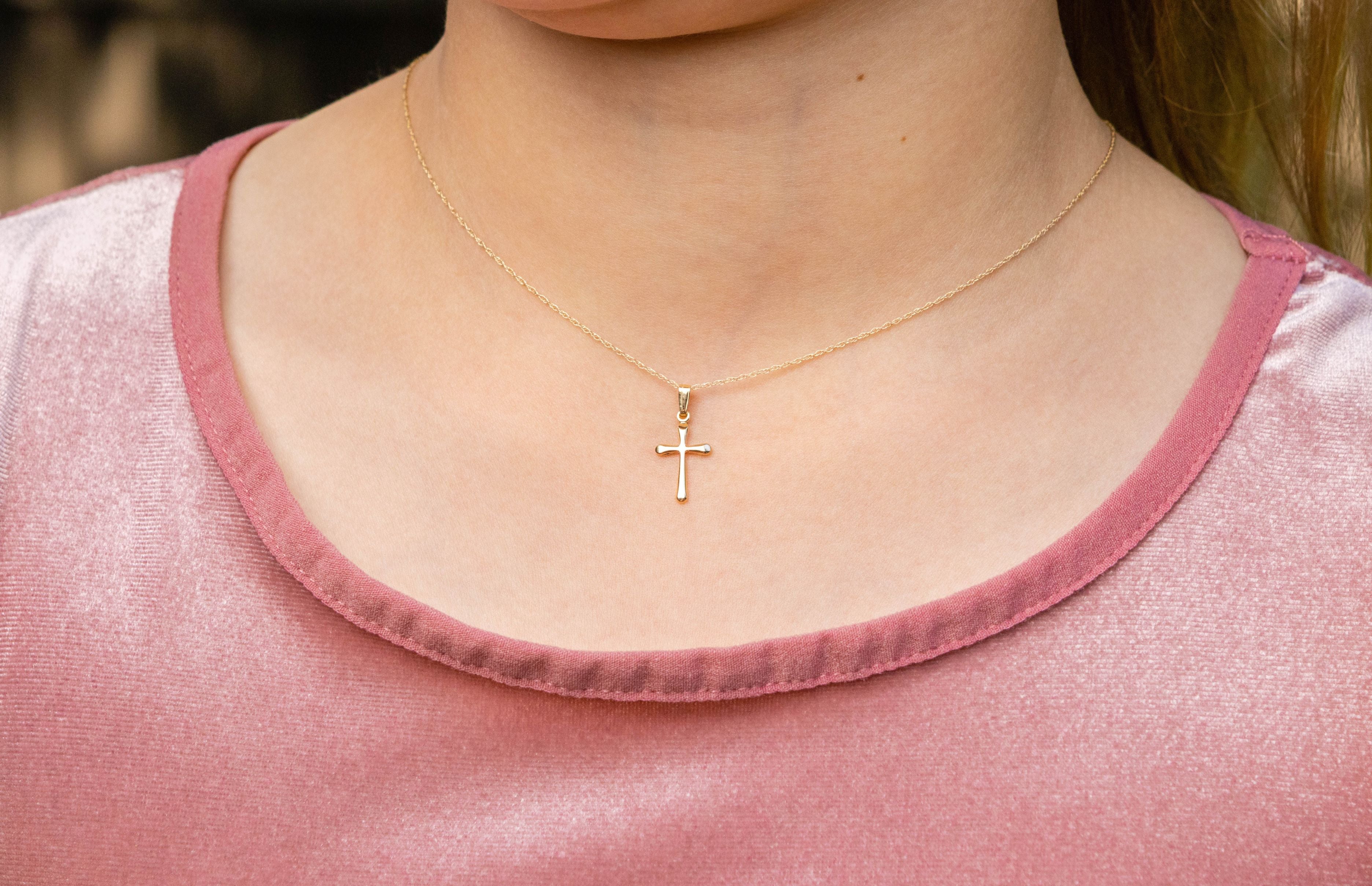 Children's Domed Cross Pendant Necklace in 14K White Gold