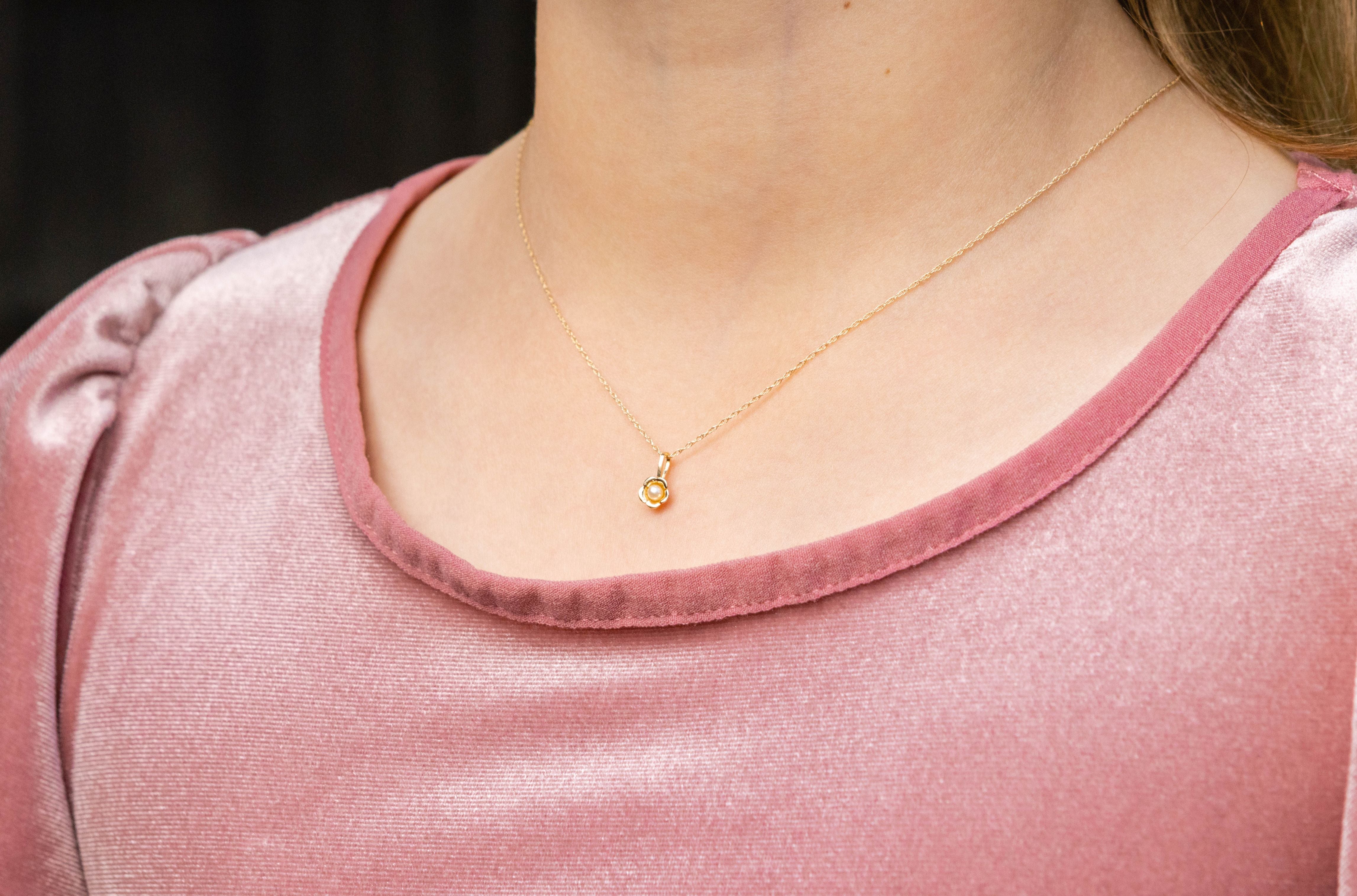Children's Pearl Flower Pendant Necklace in 14K Yellow Gold