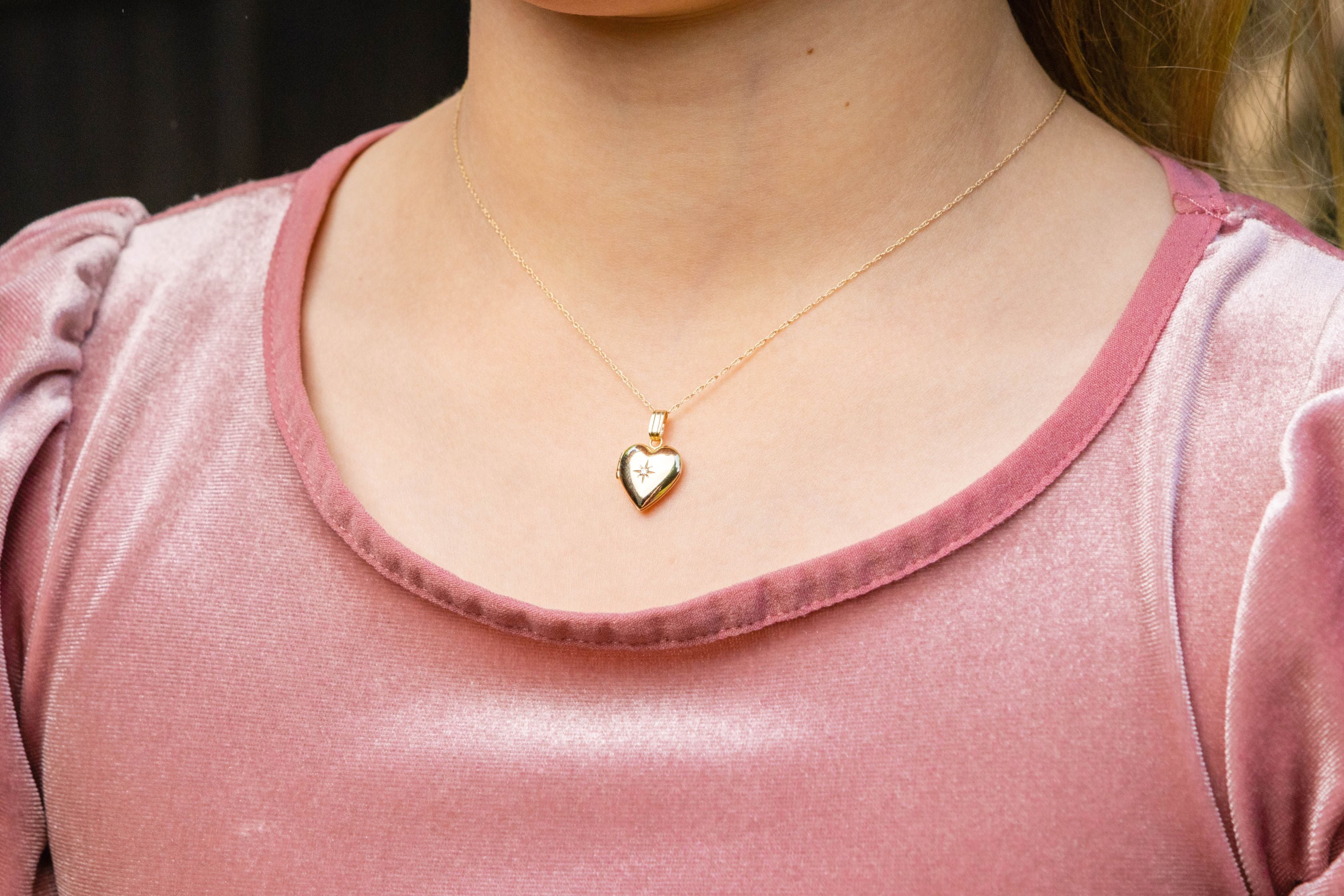 Children's Diamond Heart Locket Necklace in 14K Yellow Gold