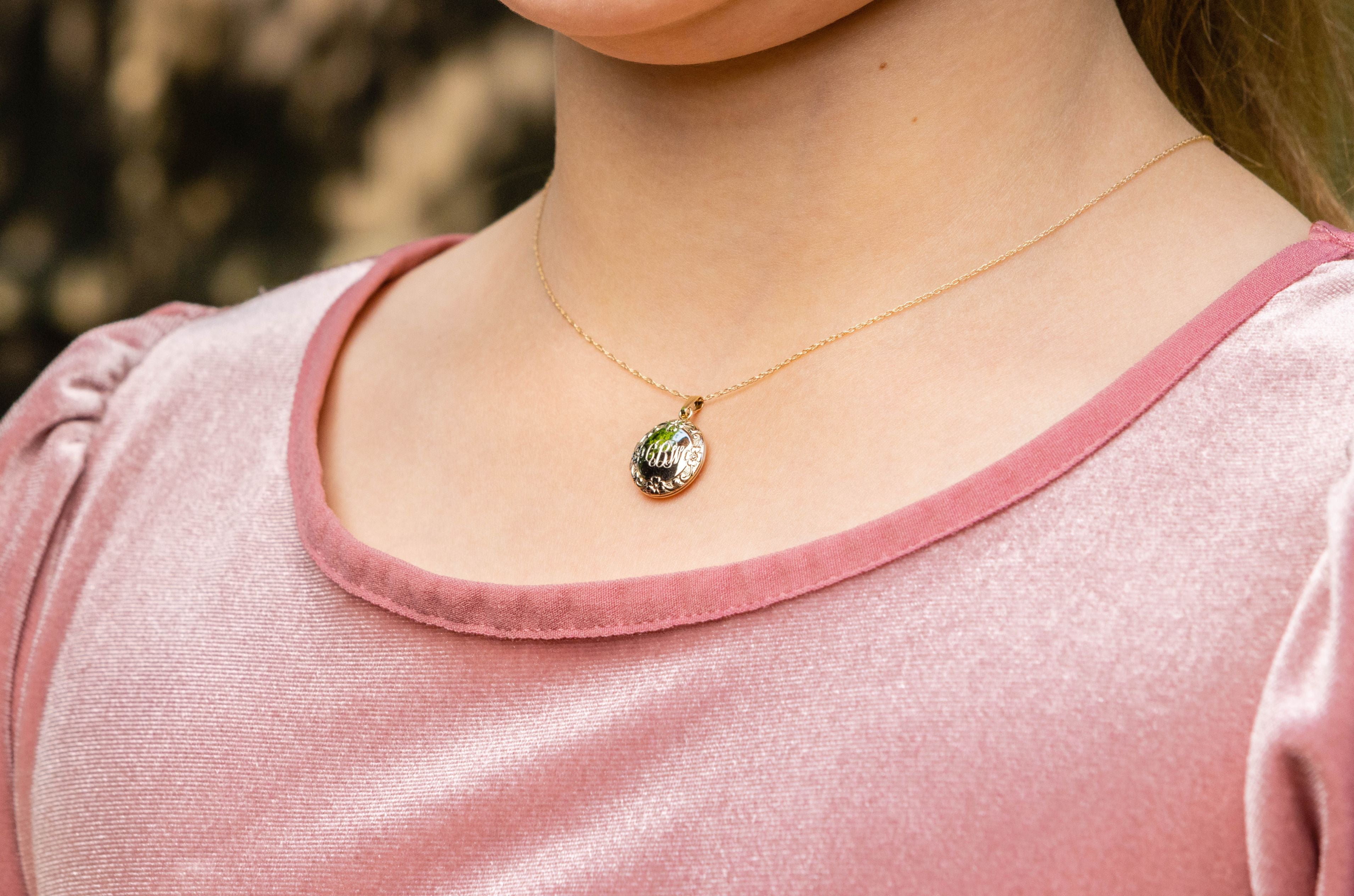 Children's Round Floral Engraved Locket Necklace in 14K Yellow Gold
