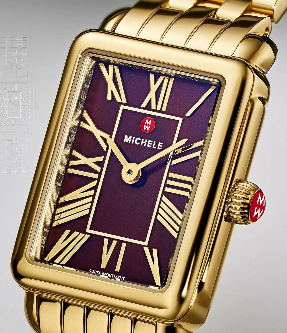 Michele Deco Park 18K Gold Plated Dark Cherry Dial Watch, 29MM