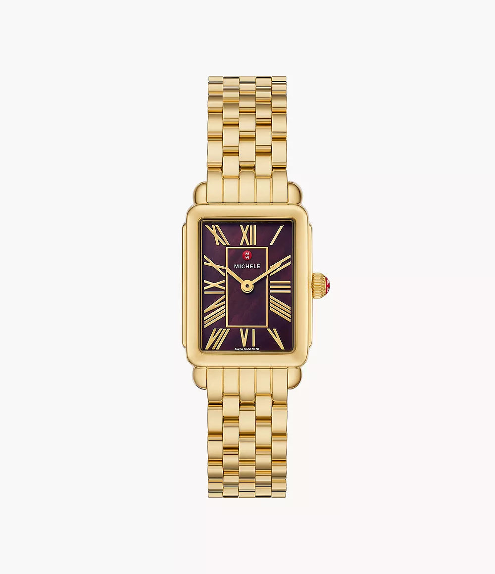 Michele Deco Park 18K Gold Plated Dark Cherry Dial Watch, 29MM