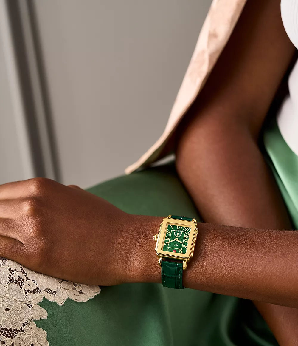 Michele Deco Sport Mid Gold-Plated Lush Green Leather Watch