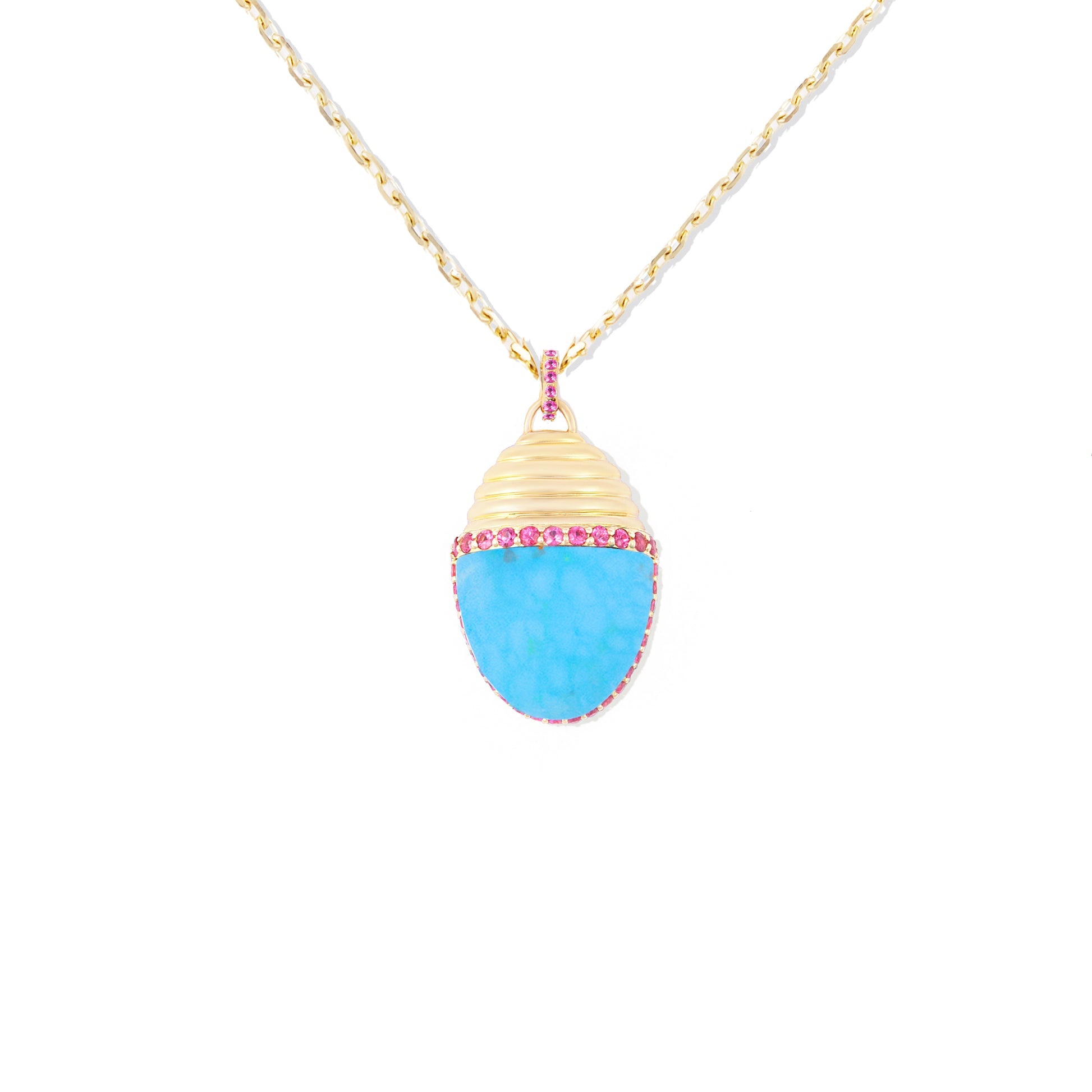 Campbell + Charlotte Large Turquoise & Pink Sapphire Pendant Necklace in 14K Yellow Gold
