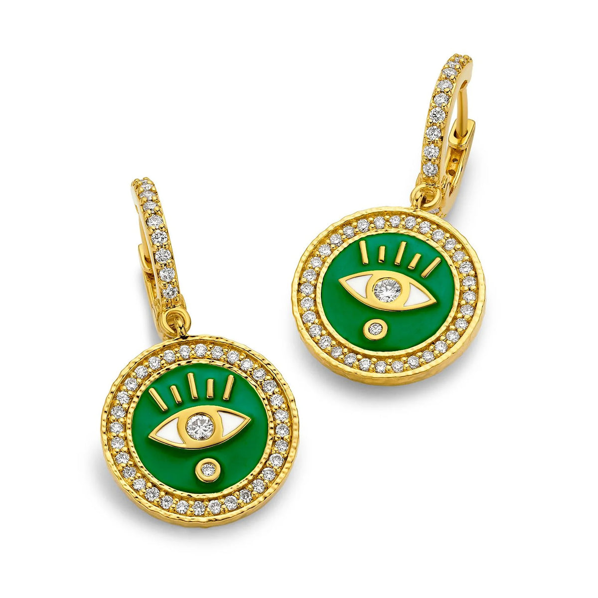 Buddha Mama Evil Eye Army Green Dangle Earrings in 20K Yellow Gold