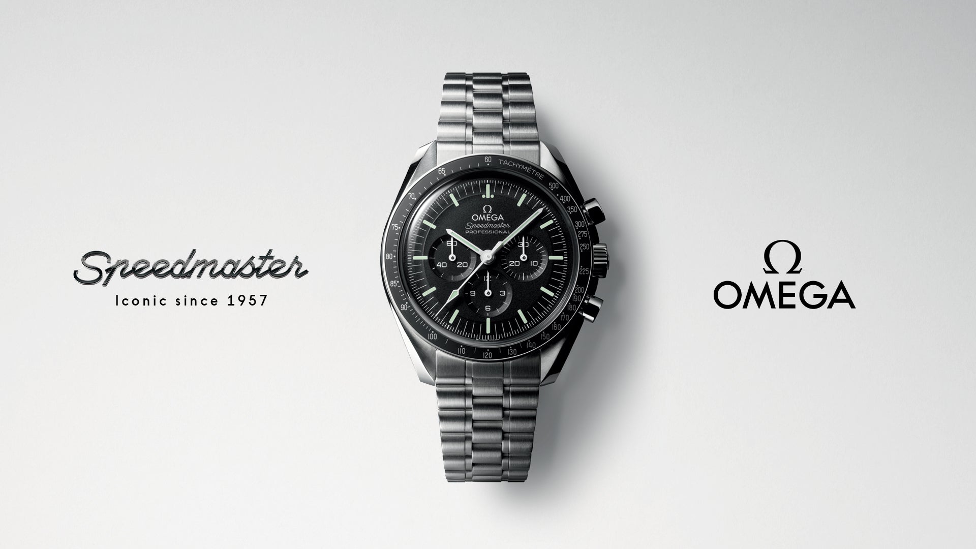 Omega Speedmaster watch on a white background with brand names displayed.