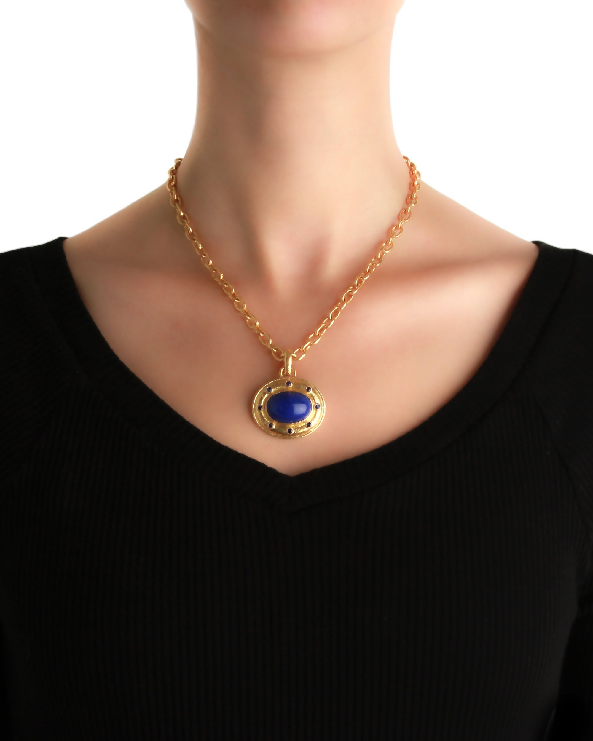 Elizabeth Locke Sapphire & Blue Lapis Oval Pendant in Yellow Gold