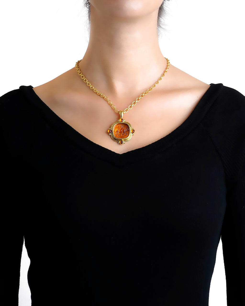 Elizabeth Locke Cupid Riding Lion Blue Pendant in 19K Yellow Gold