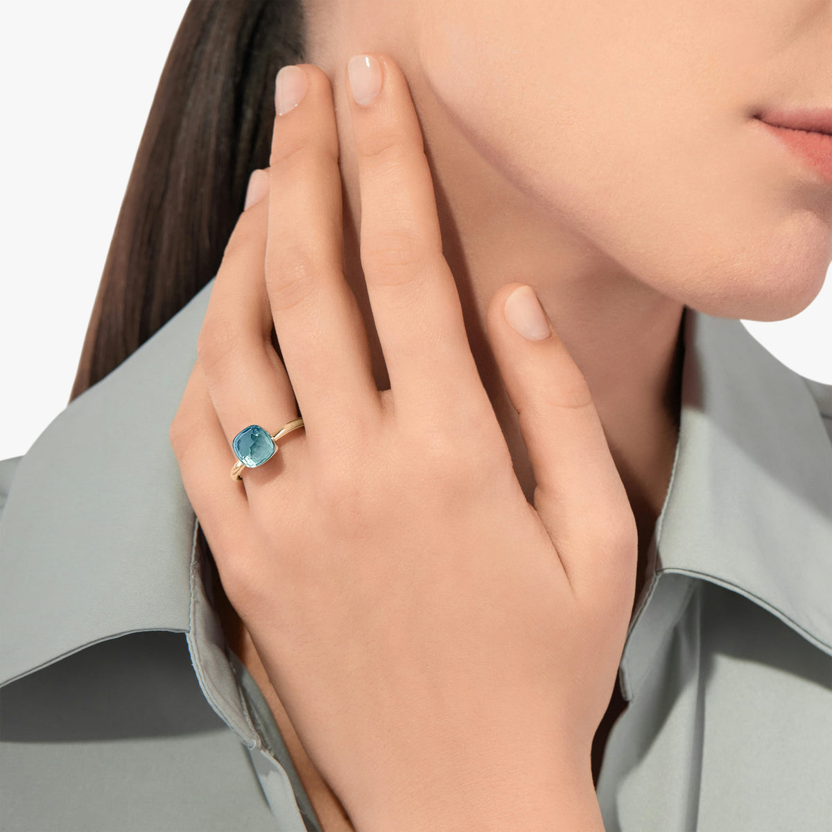 Pomellato Blue Topaz Nudo Petite Ring in 18K Rose & White Gold, Size 6.25