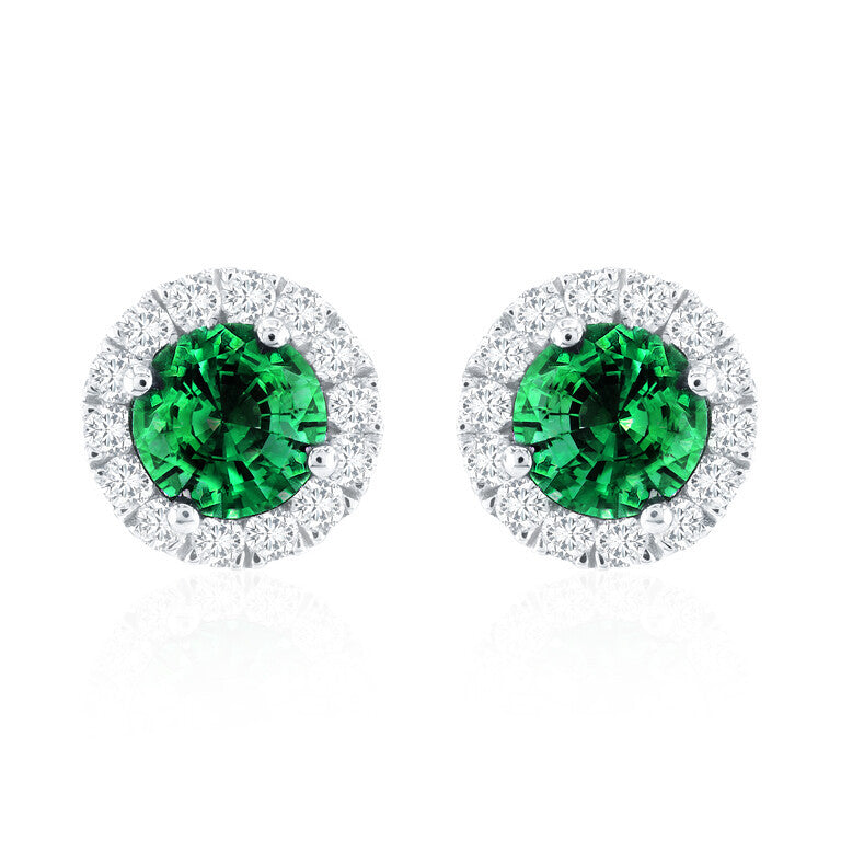 Round Emerald Diamond Halo Stud Earrings in 14K White Gold