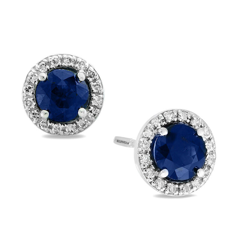 Sapphire Diamond Halo Stud Earrings in 14K White Gold