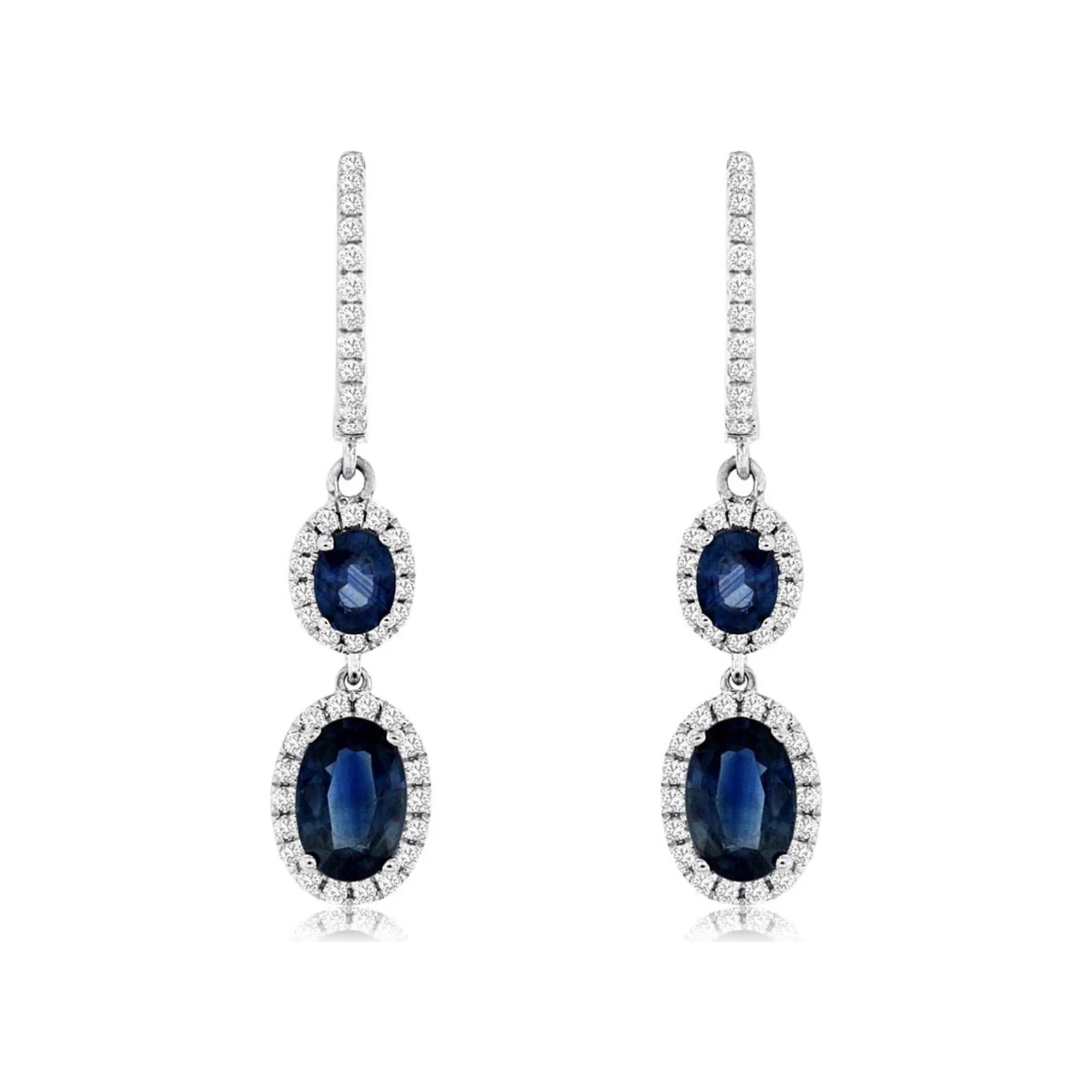 Double Oval Sapphire Diamond Halo Drop Earrings in 14K White Gold