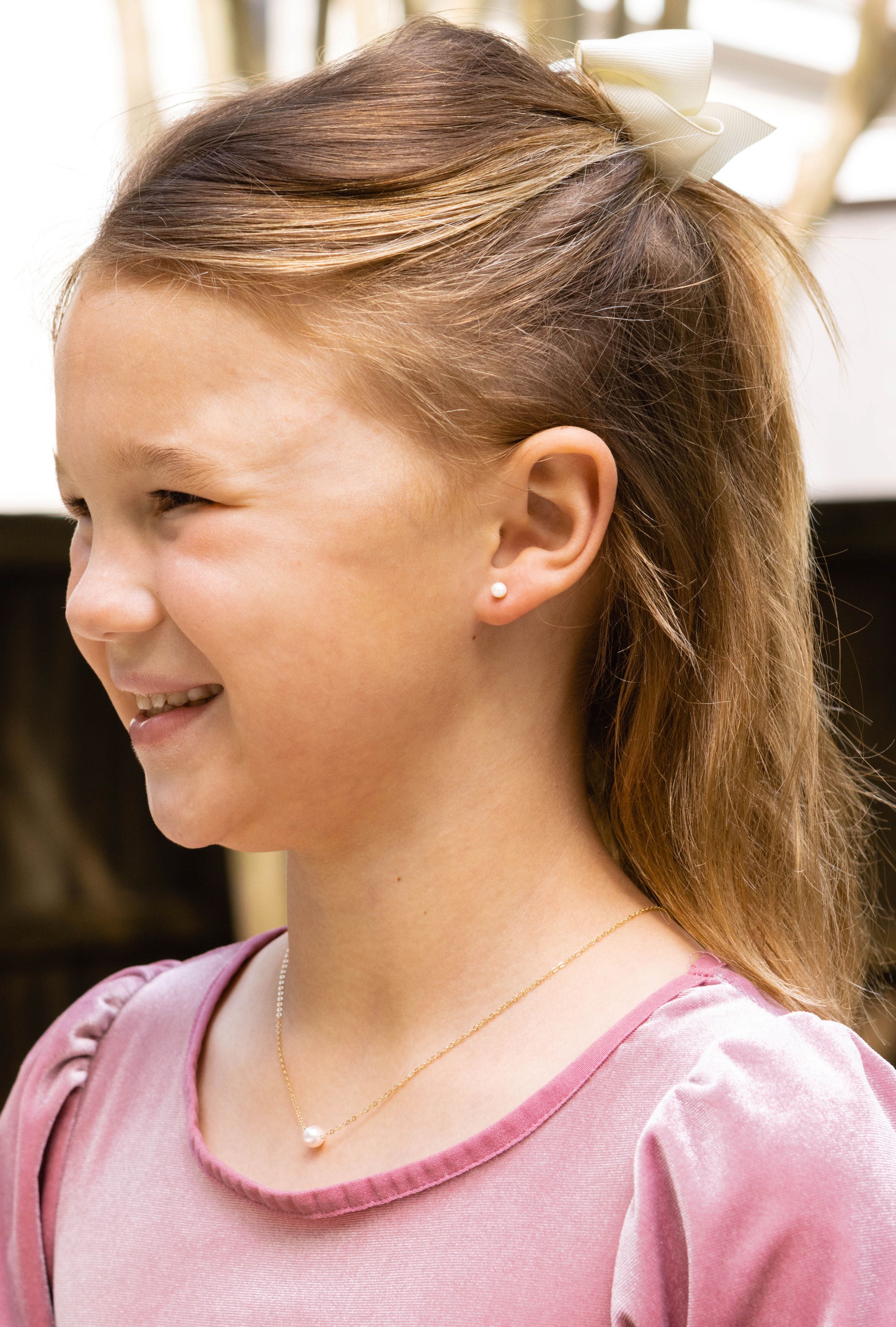 Children's June Birthstone Pearl Stud Earrings in 14K Yellow Gold