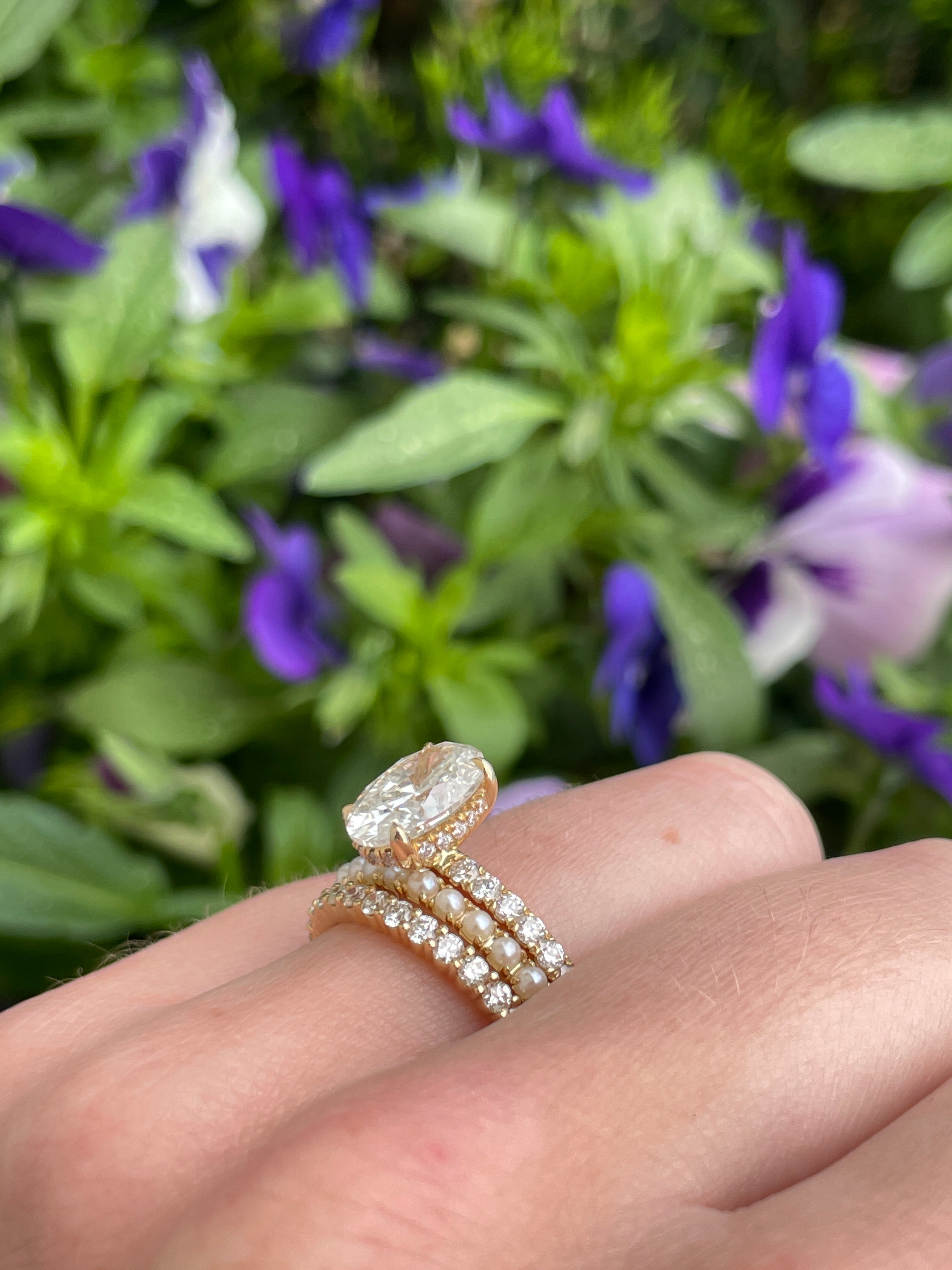 Pave Pearl Band in 14K Yellow Gold, Size 7
