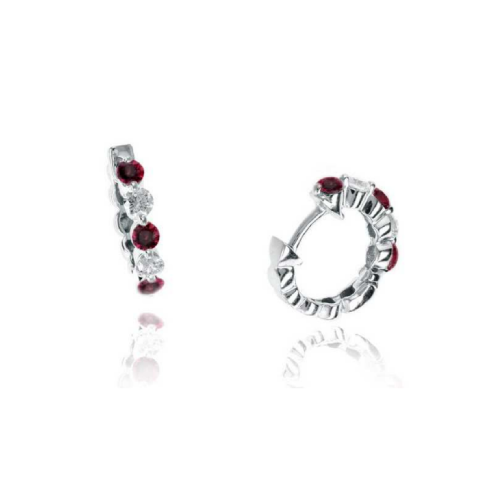 Ruby Diamond Alternating Stone Huggie Hoop Earrings in 14K White Gold
