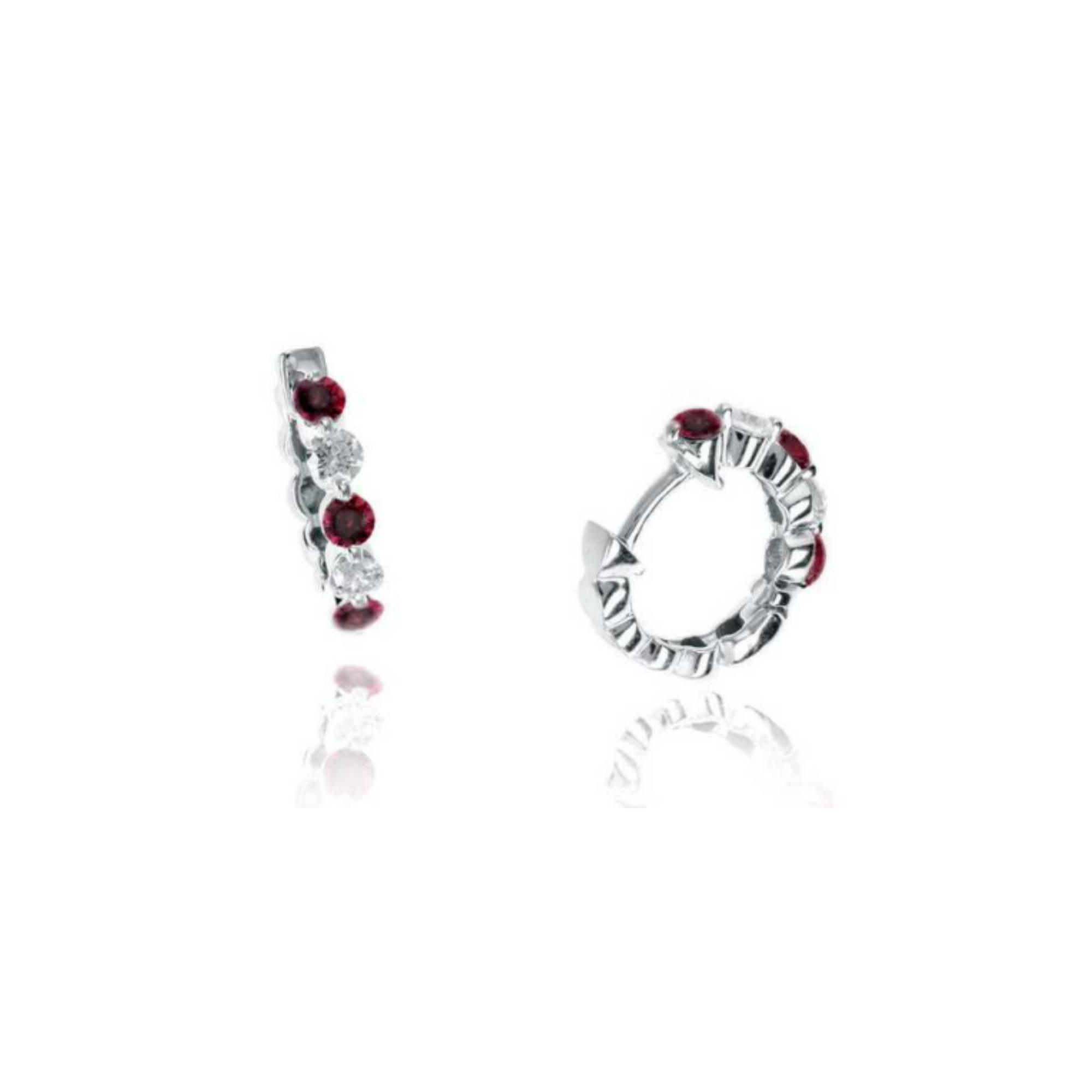 Ruby Diamond Alternating Stone Huggie Hoop Earrings in 14K White Gold