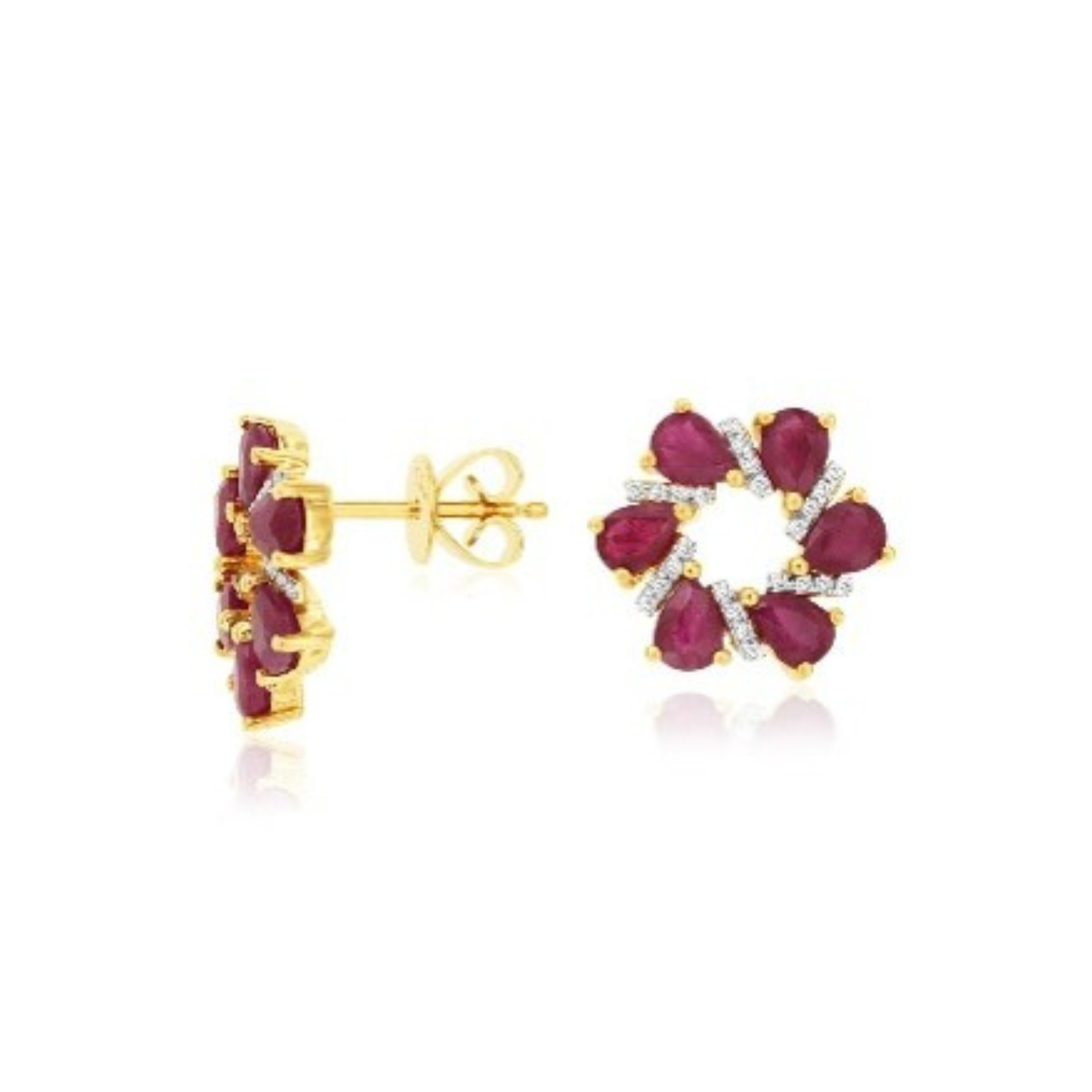 Ruby Open Flower Stud Earrings in 14K Yellow Gold