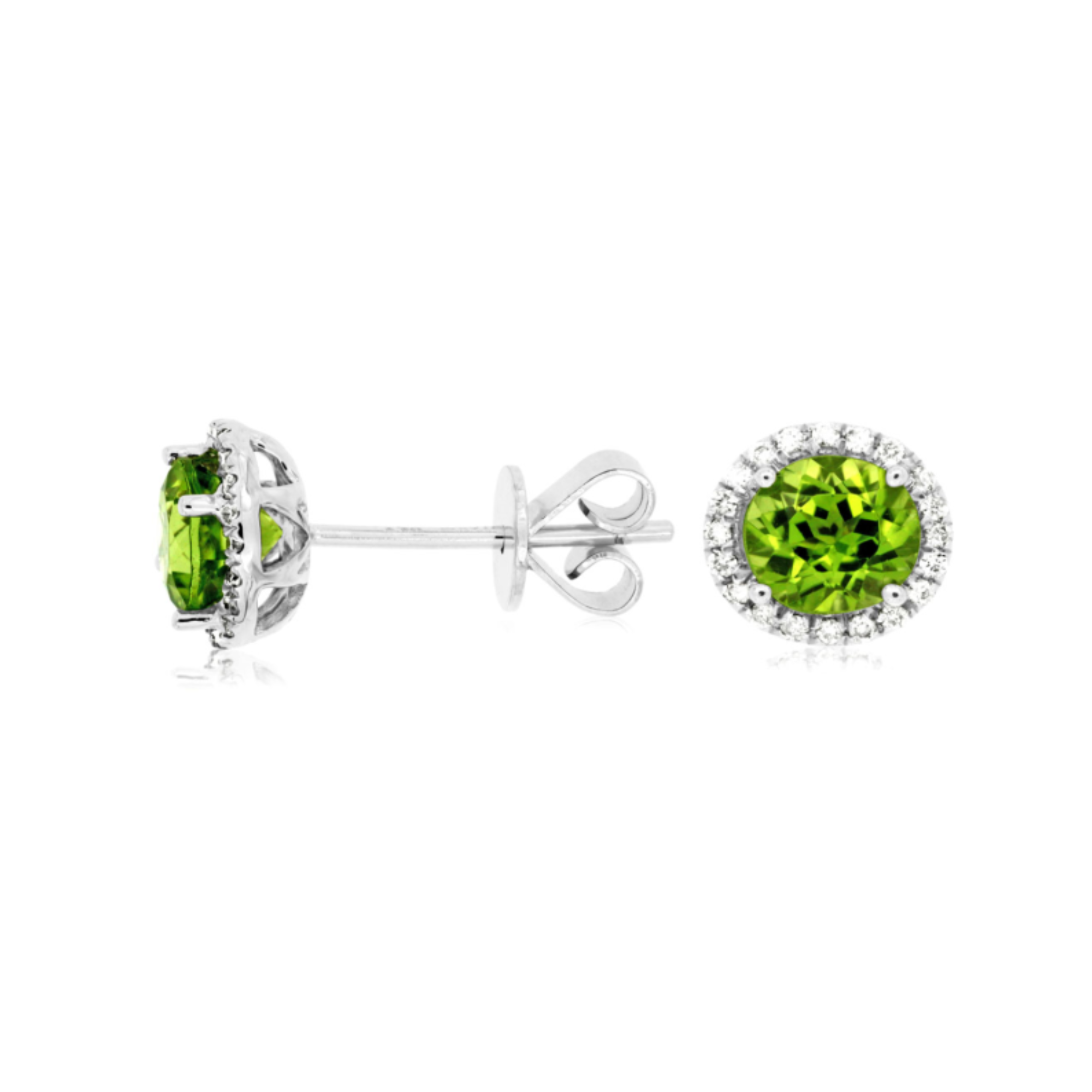 Peridot Diamond Halo Stud Earrings in 14K White Gold