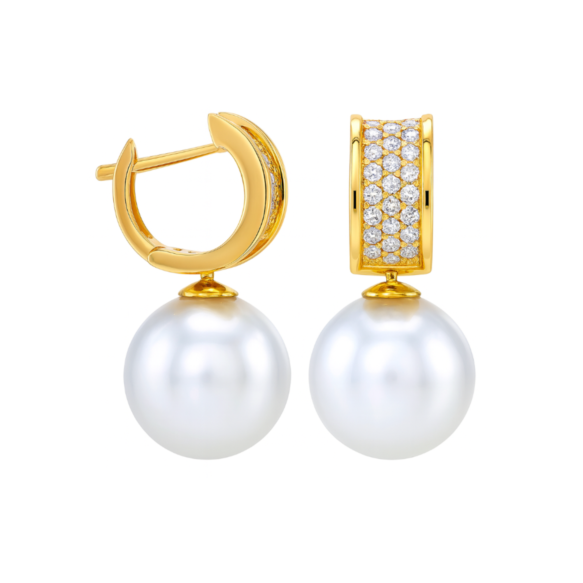 Pearl Diamond Huggie Hoop Earrings in 18K Yellow Gold