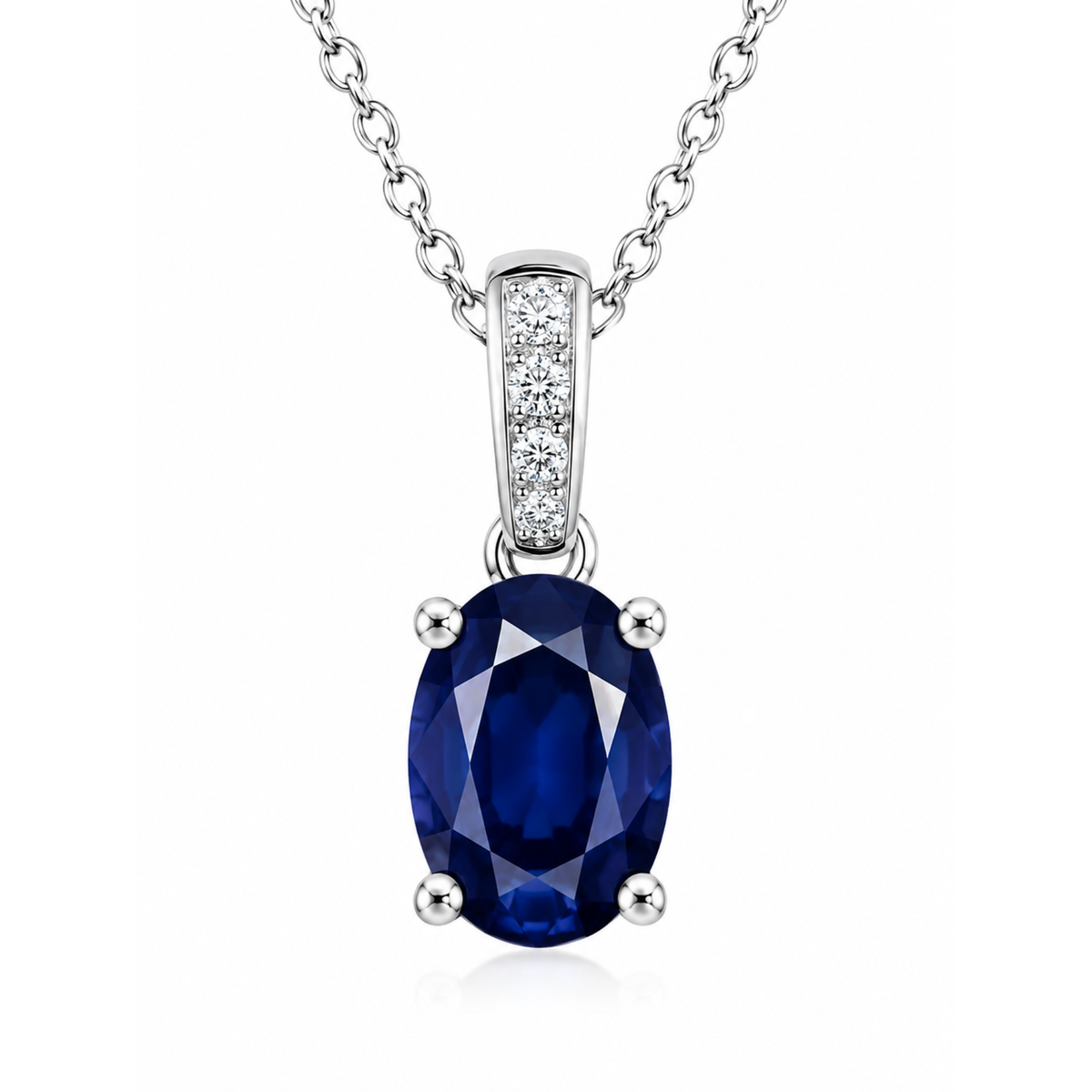 Oval Sapphire Pendant Necklace in 14K White Gold