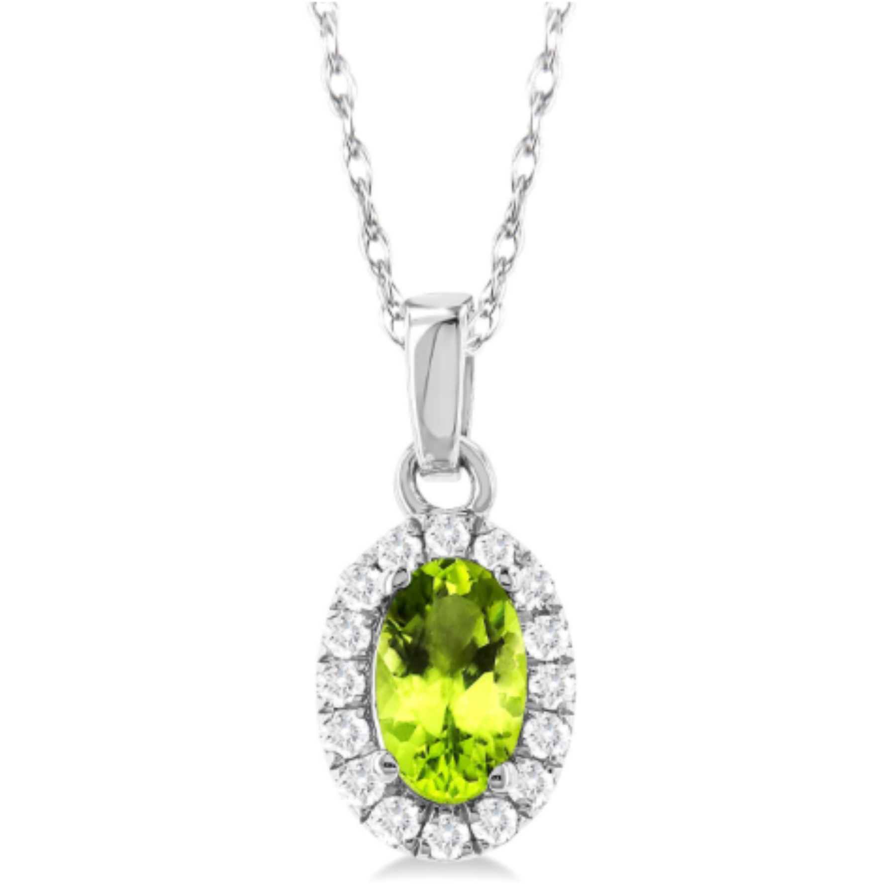 Oval Peridot Diamond Halo Pendant Necklace in 14K White Gold
