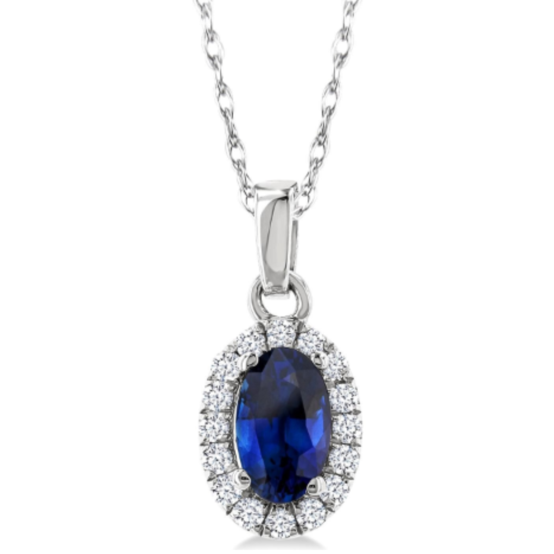 Oval Sapphire Diamond Halo Pendant Necklace in 14K White Gold