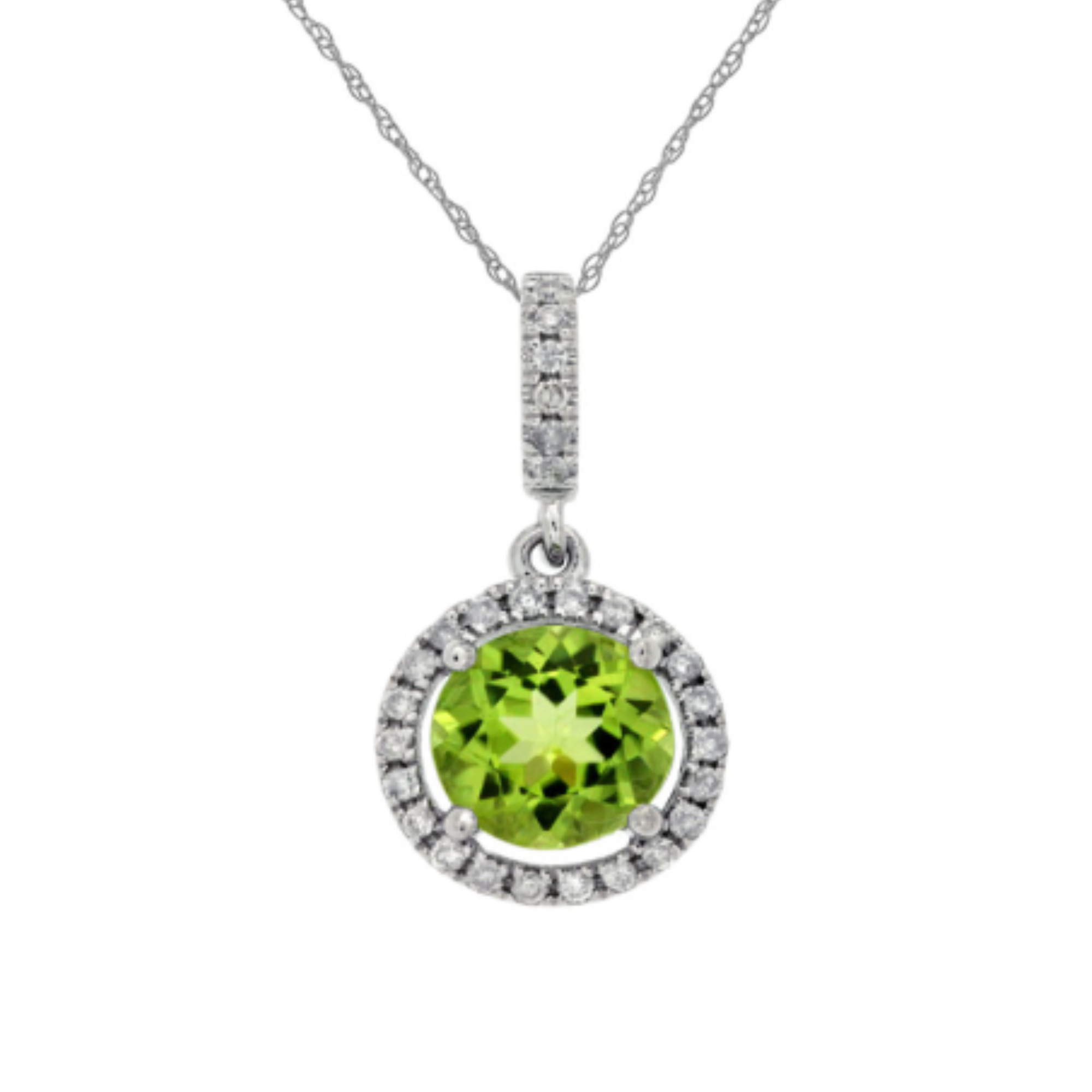 Peridot Diamond Halo Pendant Necklace in 14K White Gold