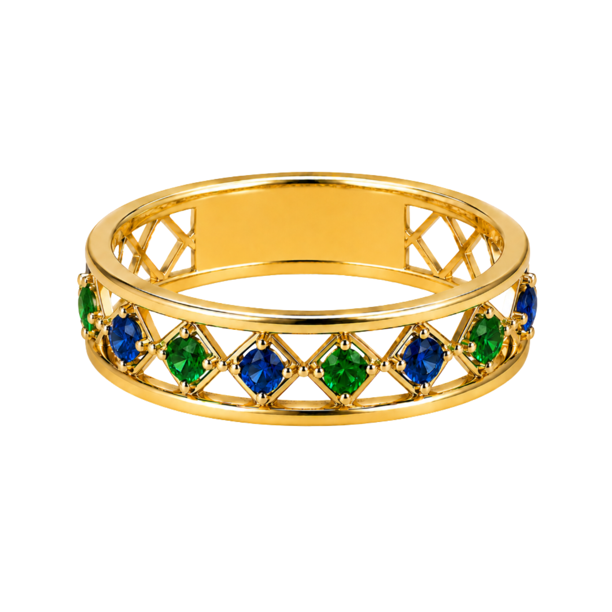 Tsavorite & Sapphire Tribal Ring in 18K Yellow Gold, Size 6.5