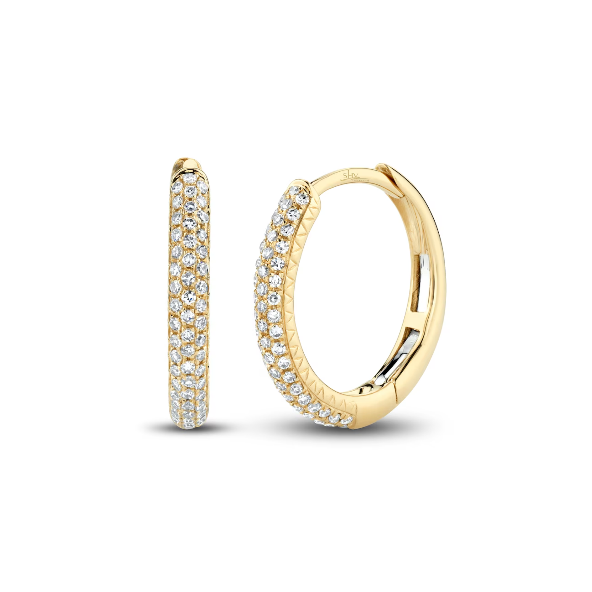 3 Row Pave Diamond Huggie Hoop Earrings in 14K Yellow Gold