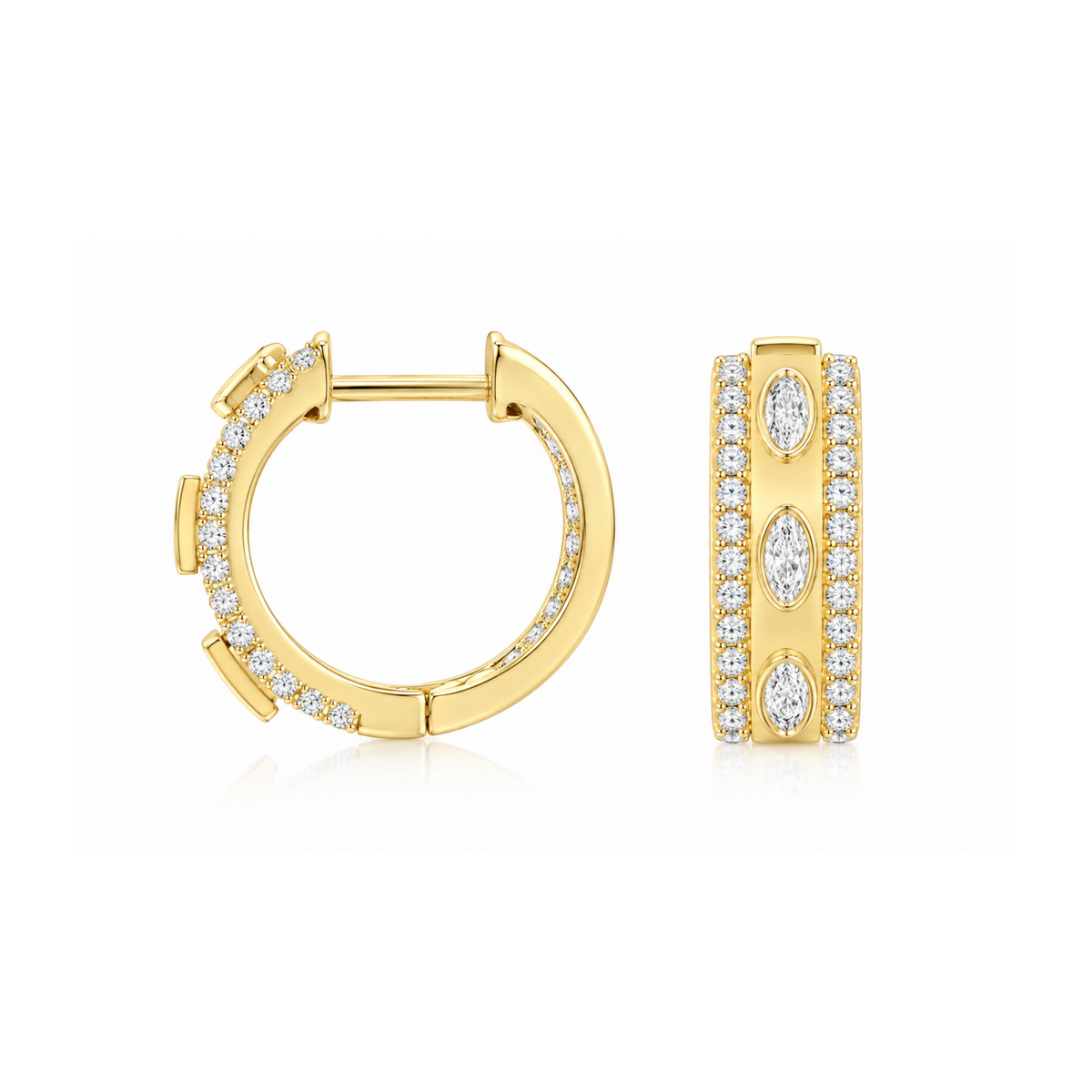 Oval Bezel Set Diamond Huggie Hoop Earrings in 14K Yellow Gold