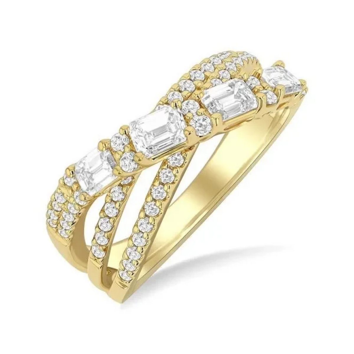 Mixed Diamond Crossover Ring in 14K Yellow Gold, Size 6.5