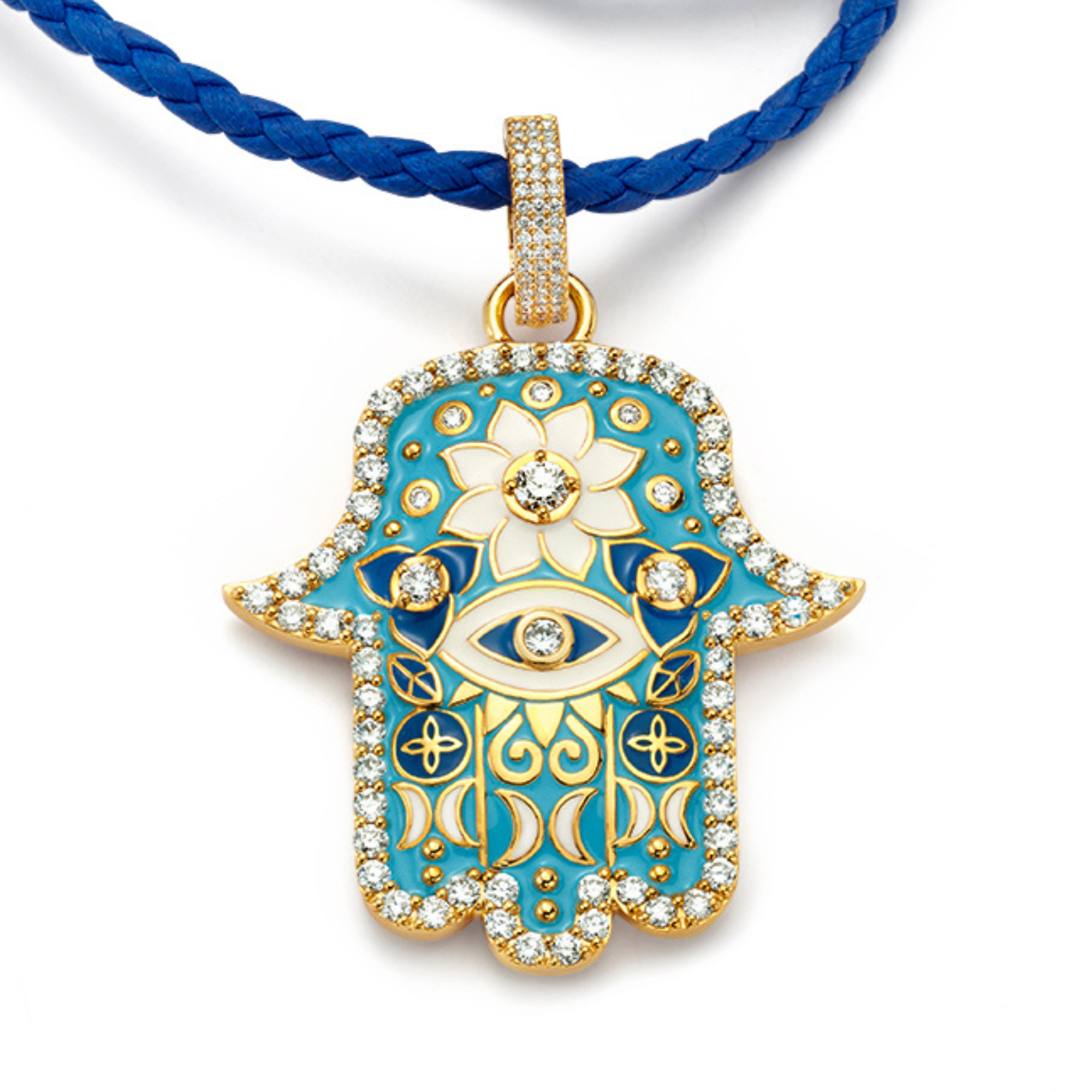 Buddha Mama Medium Sky Blue Hamsa Pendant in 20K Yellow Gold
