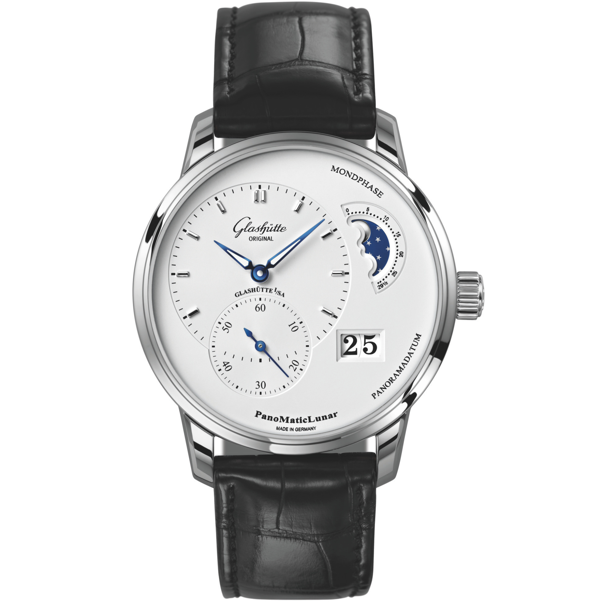 Glashutte Original PanoMaticLunar Watch with Black Alligator Leather Strap