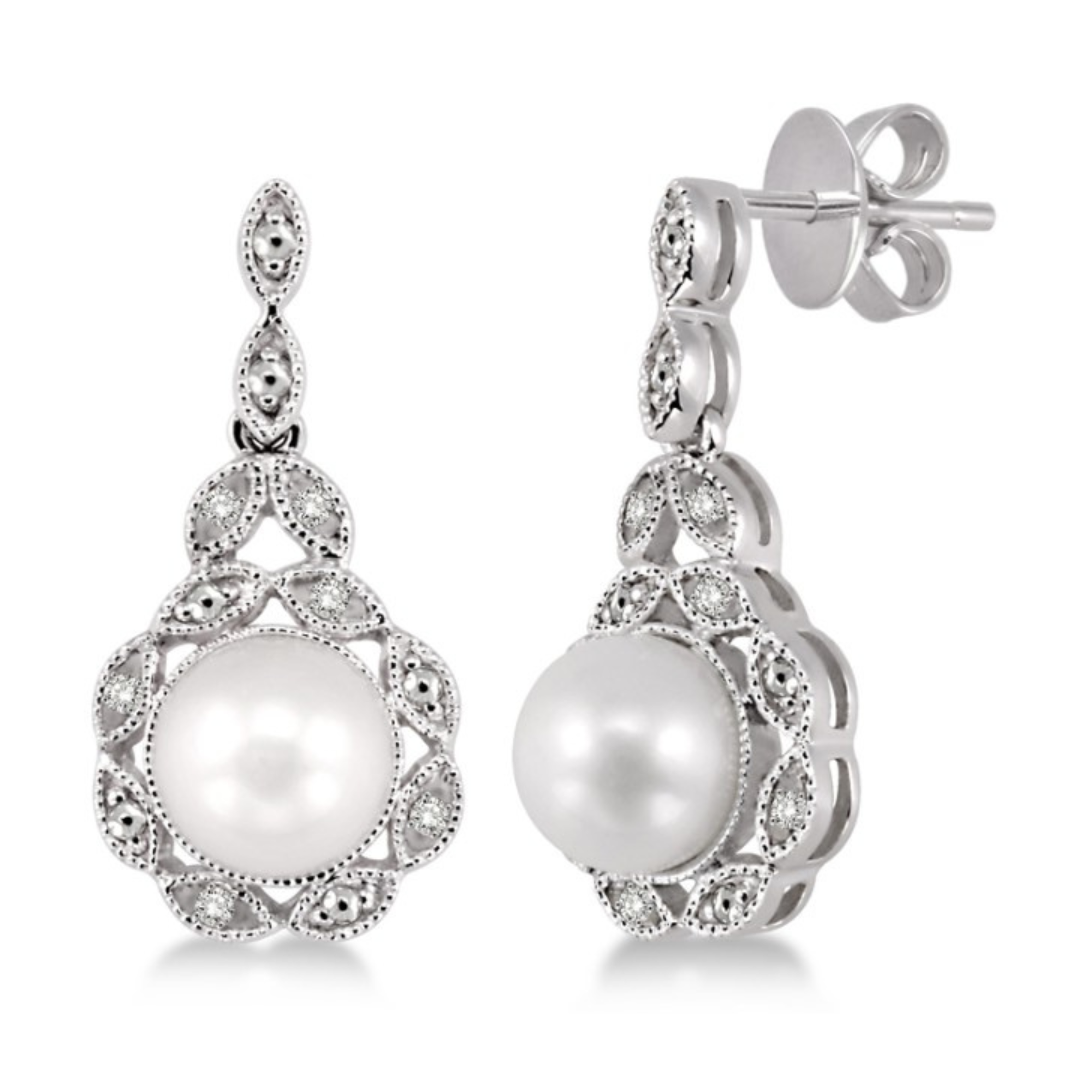 Pearl and Diamond Antique Style Drop Earrings in Sterling Silver