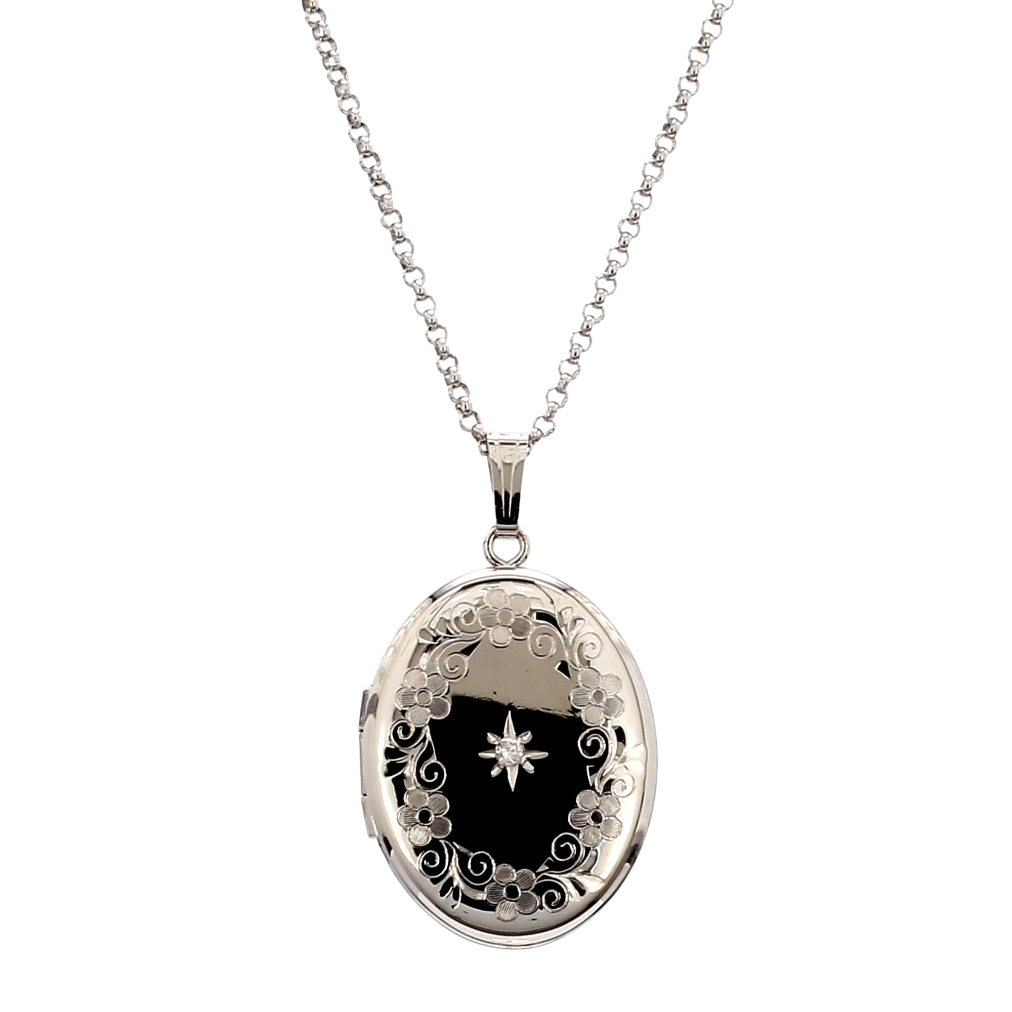 Oval Diamond Locket Necklace in Sterling Silver, 20" Length