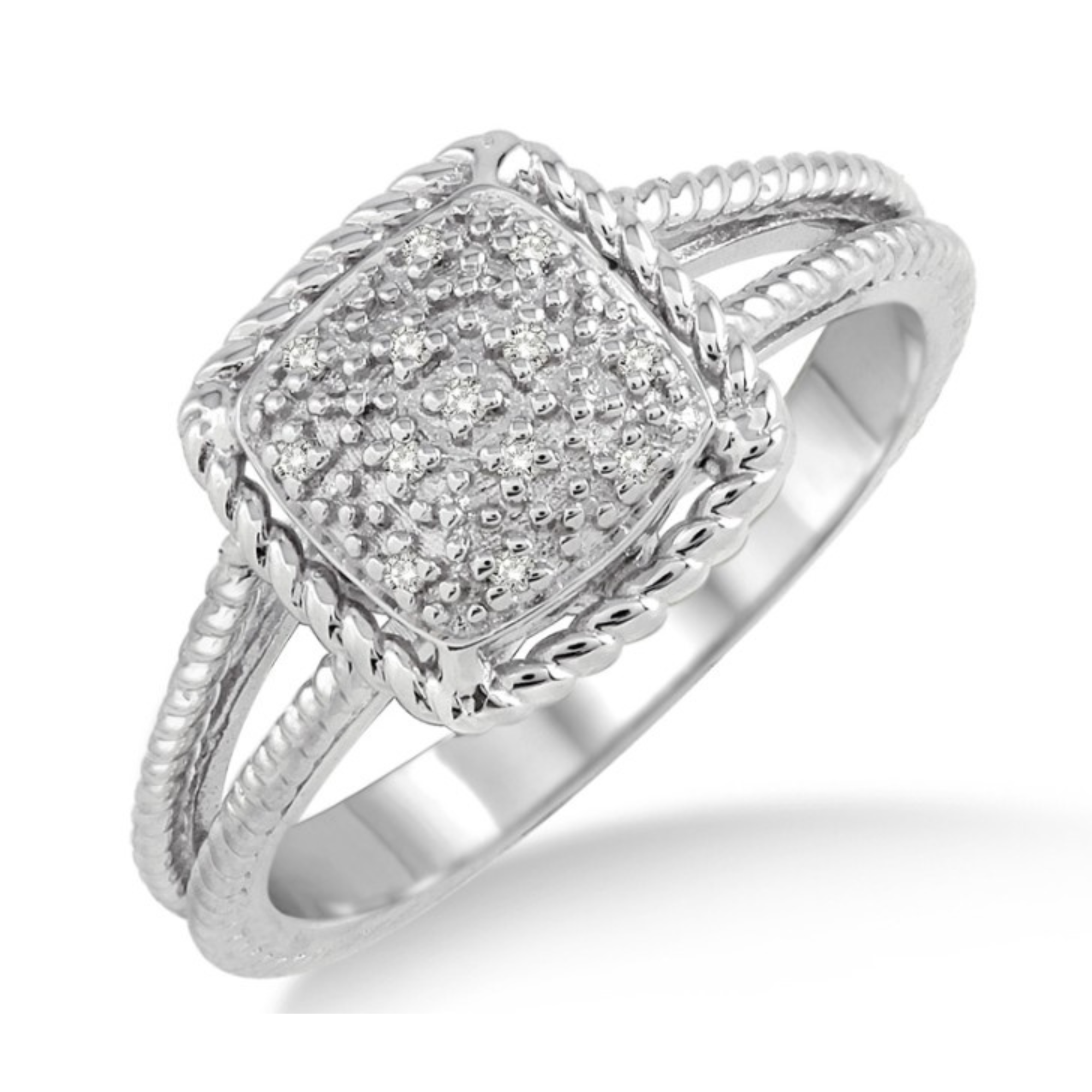 Pave Diamond Cushion Ring in Sterling Silver, Size 7