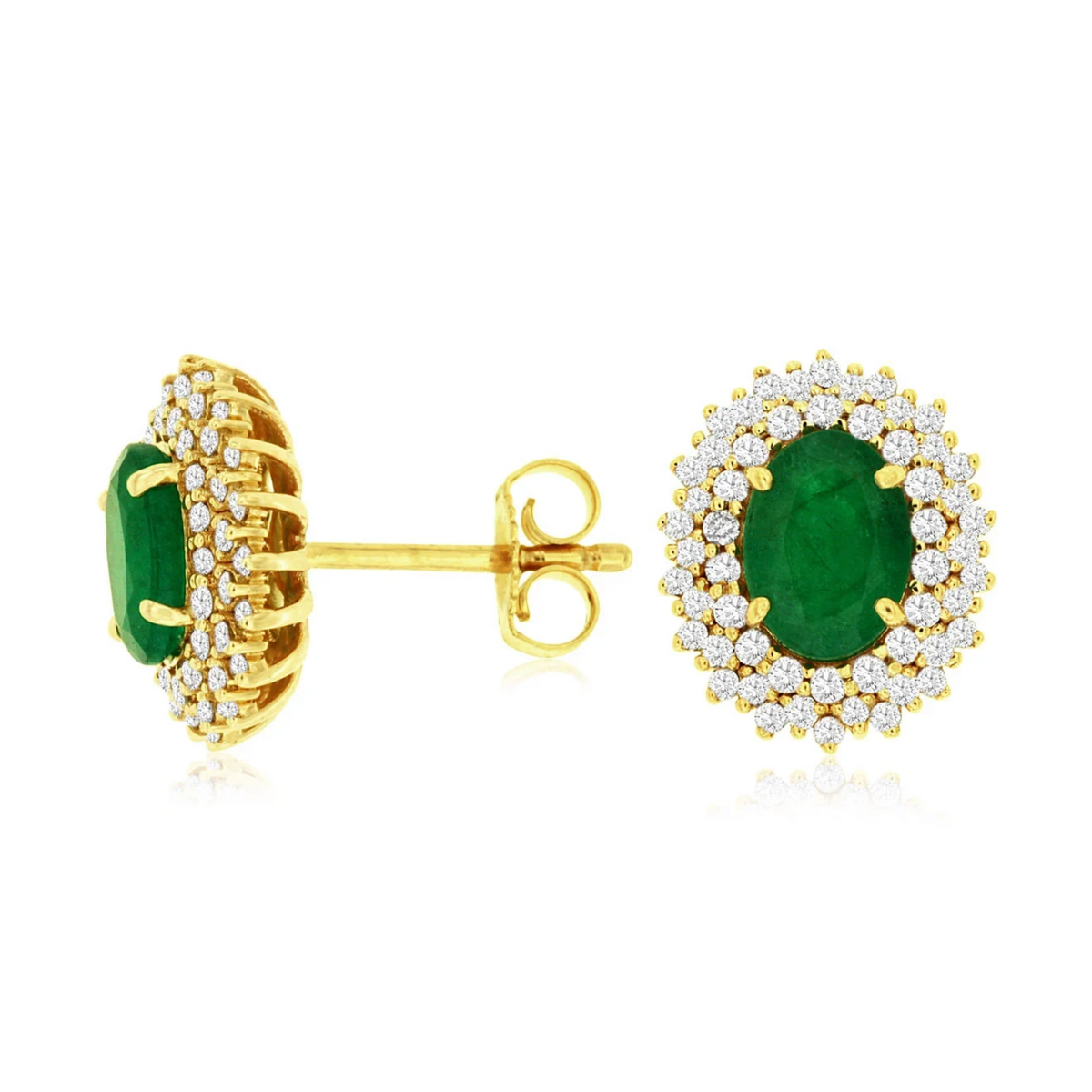 Oval Emerald Triple Diamond Halo Stud Earrings in 14K Yellow Gold