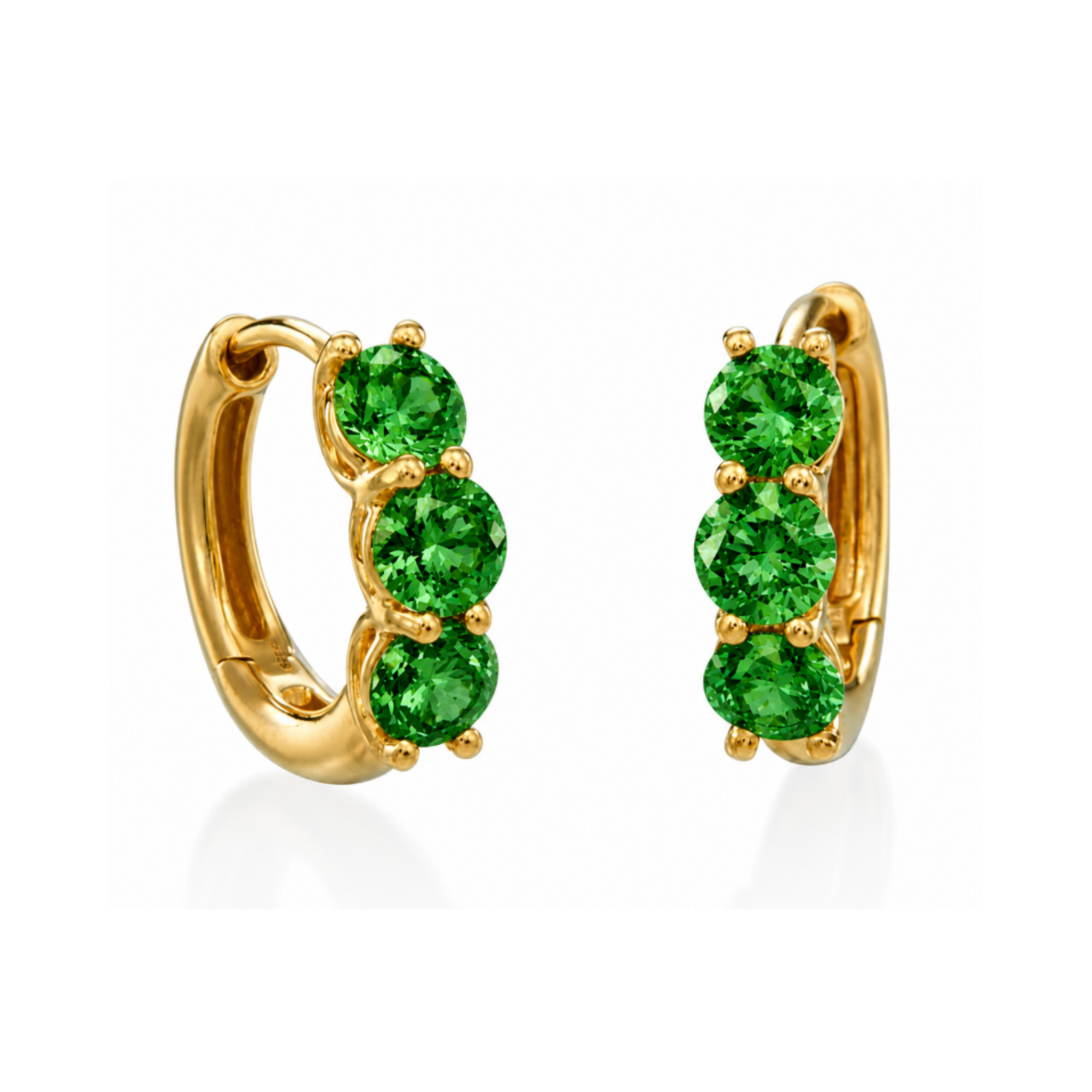 Tsavorite 3 Stone Huggie Hoop Earrings in 18K Yellow Gold