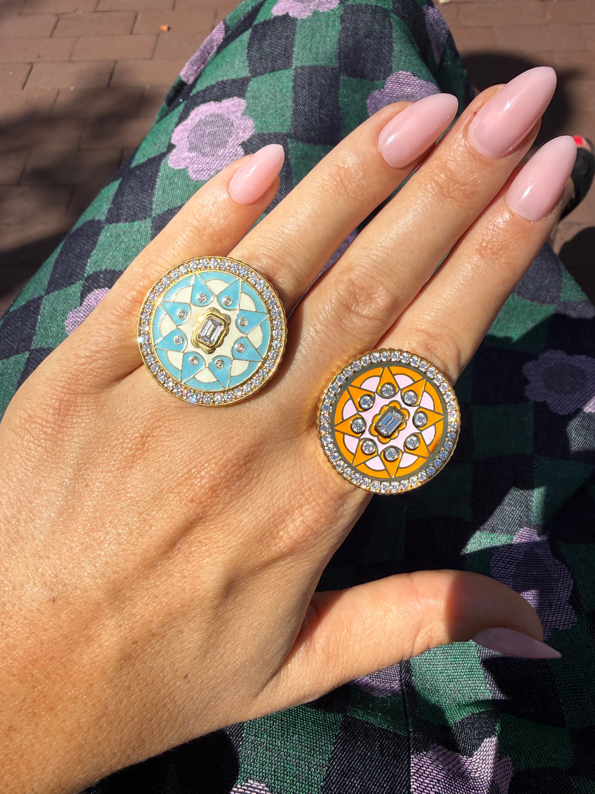 Buddha Mama Mandala Orange & Pink Diamond Ring in 20K Yellow Gold, Size 7.5