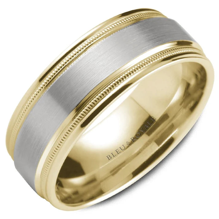 Crown Ring Men's 6.5MM Two-Tone Sandpaper & Milgrain Band in 14K White & Yellow Gold, Size 10