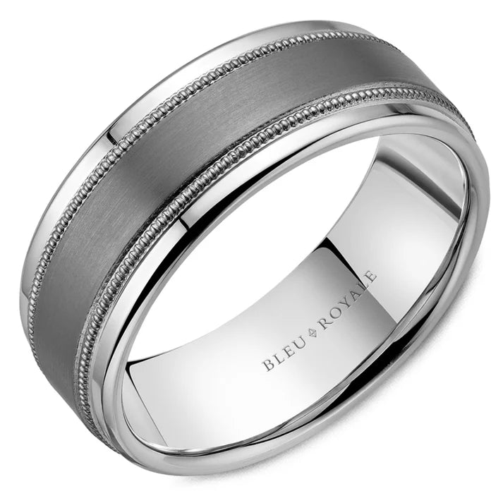 Crown Ring Men's 8MM Tantalum Sandpaper & Milgrain Band in 14K White Gold, Size 10