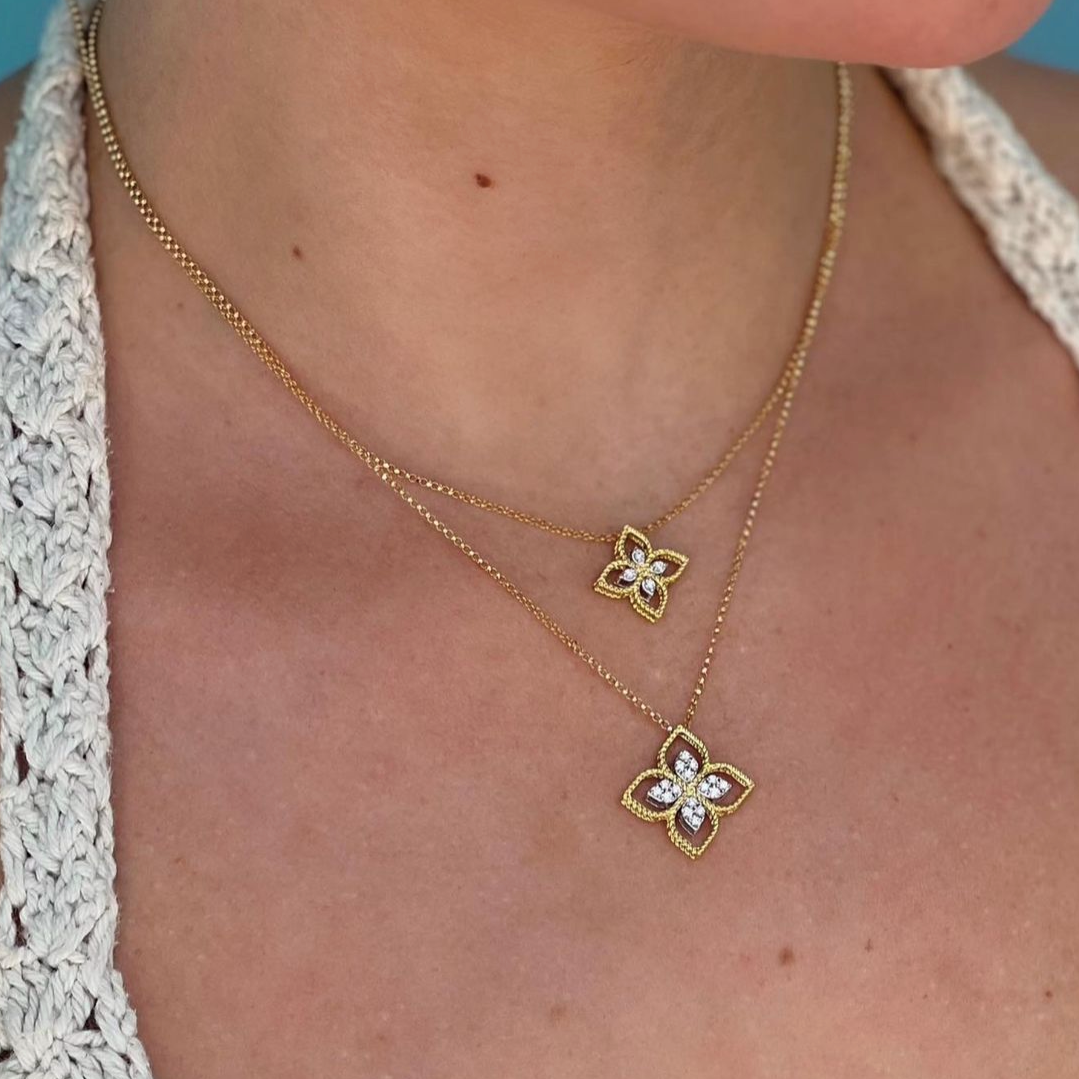 Roberto Coin Princess Flower Open Frame Diamond Necklace in 18K Yellow Gold