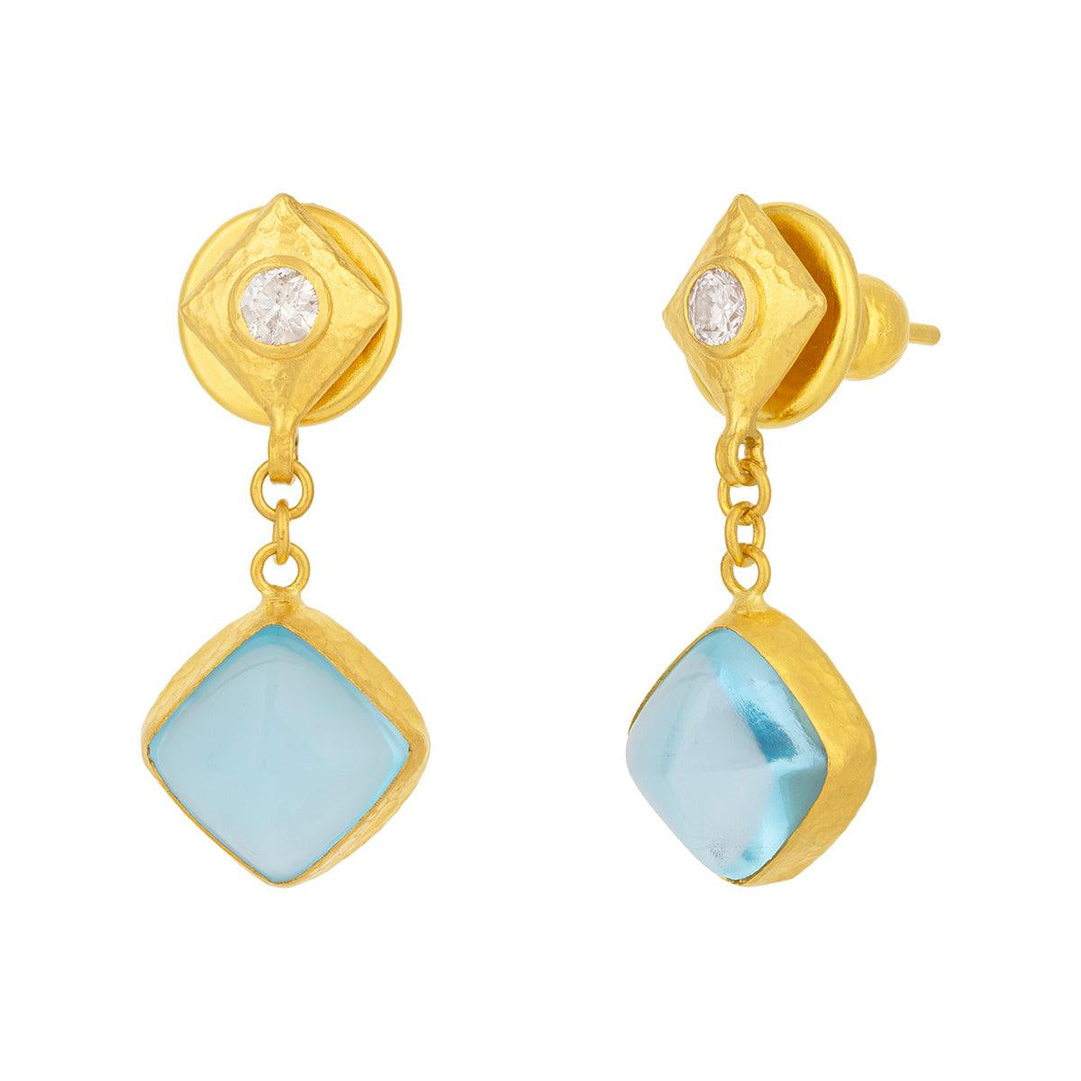 Gurhan Rune Blue Topaz Drop Earrings in 24K Yellow Gold