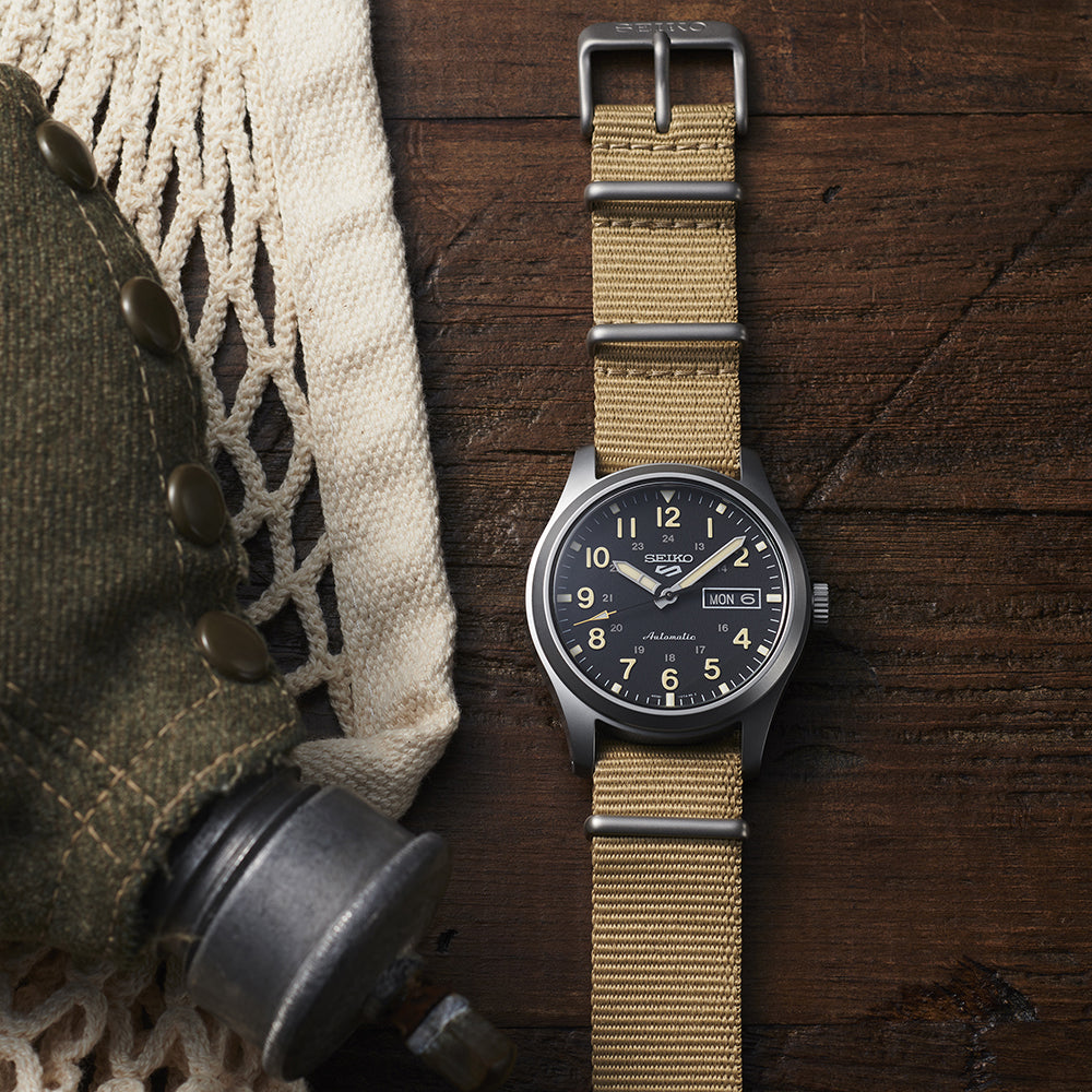 Seiko 5 Sport Black Dial Fabric Strap Watch SRPG35