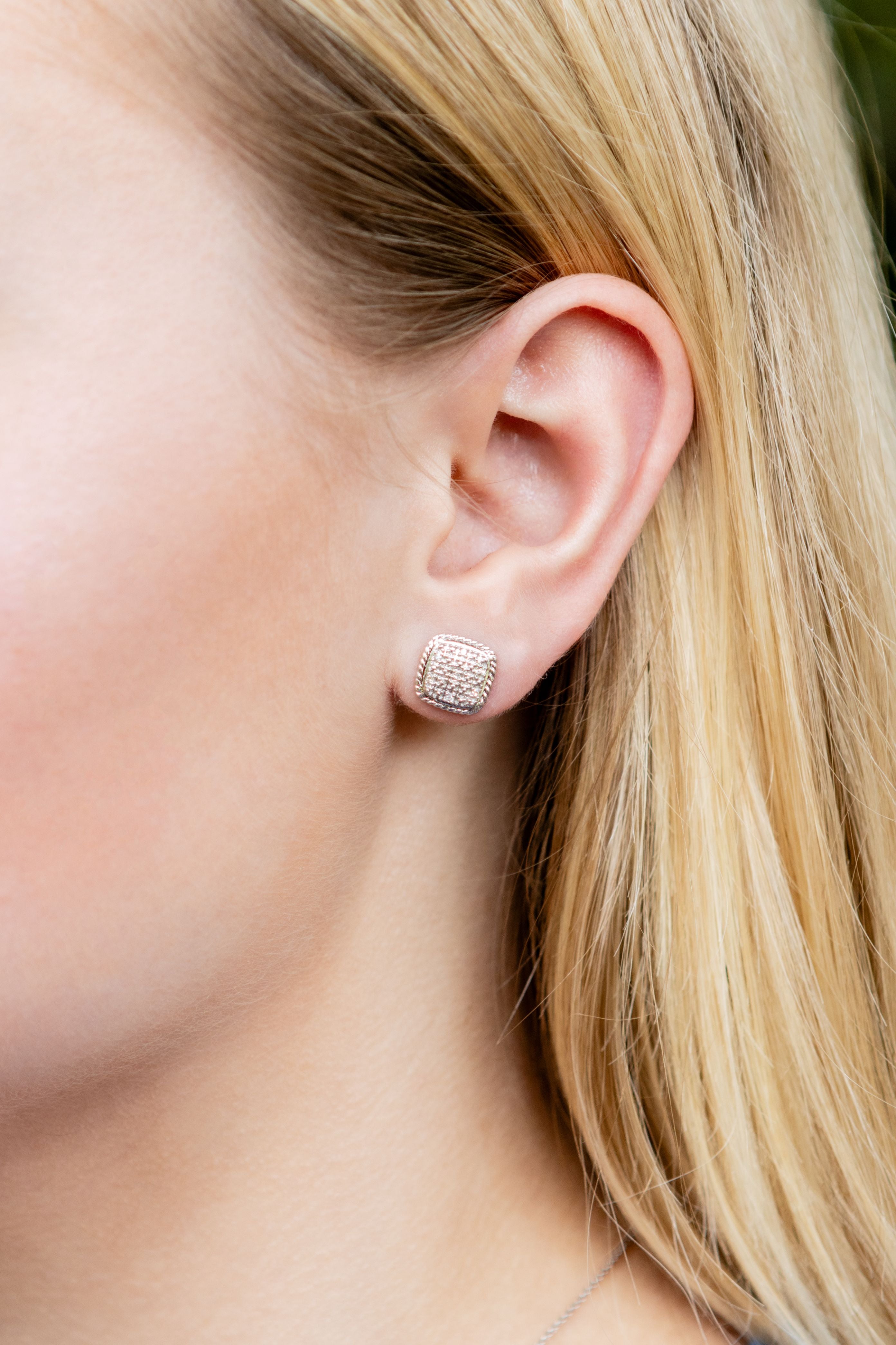 Pave Diamond Cushion Stud Earrings in Sterling Silver