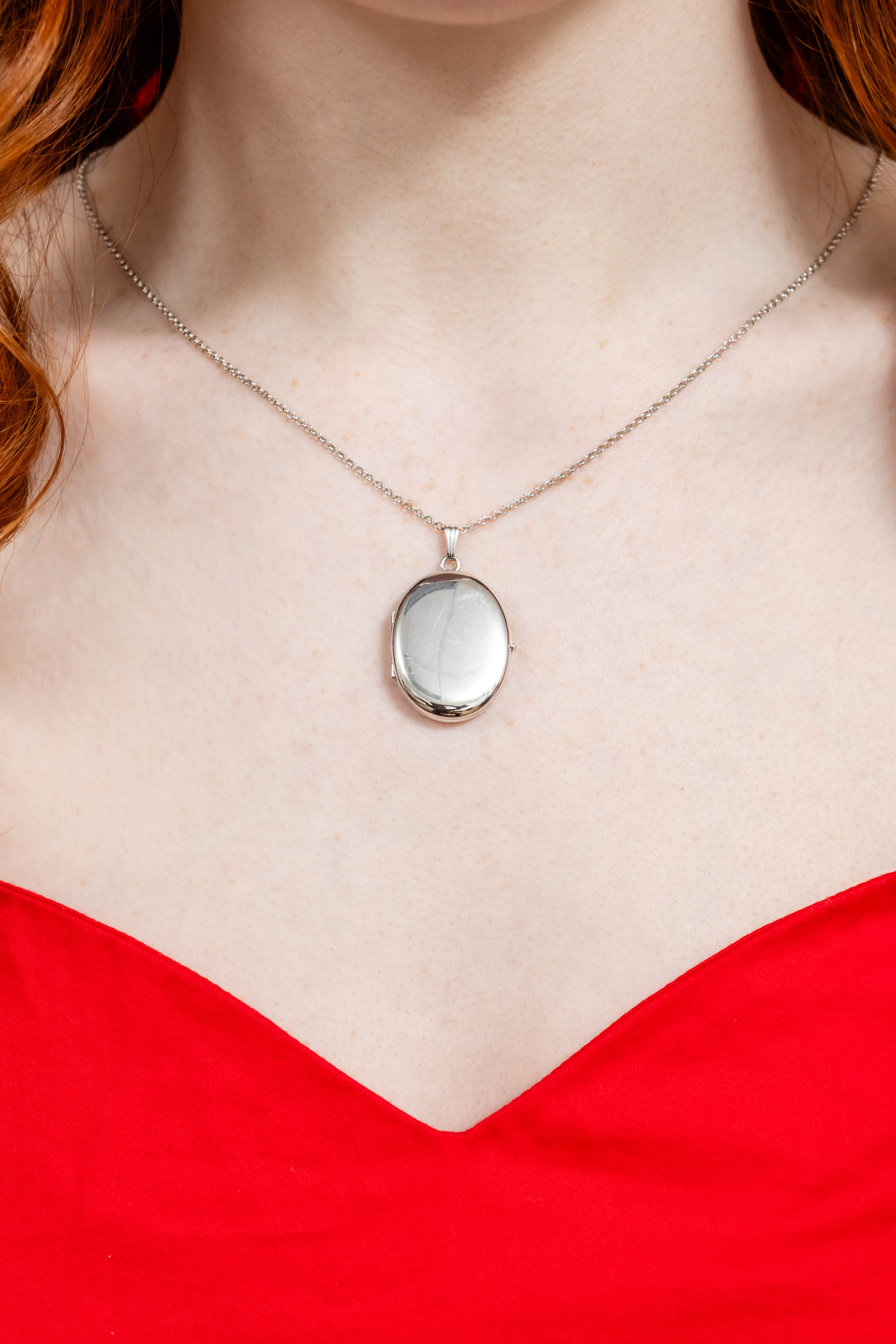 Polished Oval Locket Necklace in Sterling Silver, 20" Length